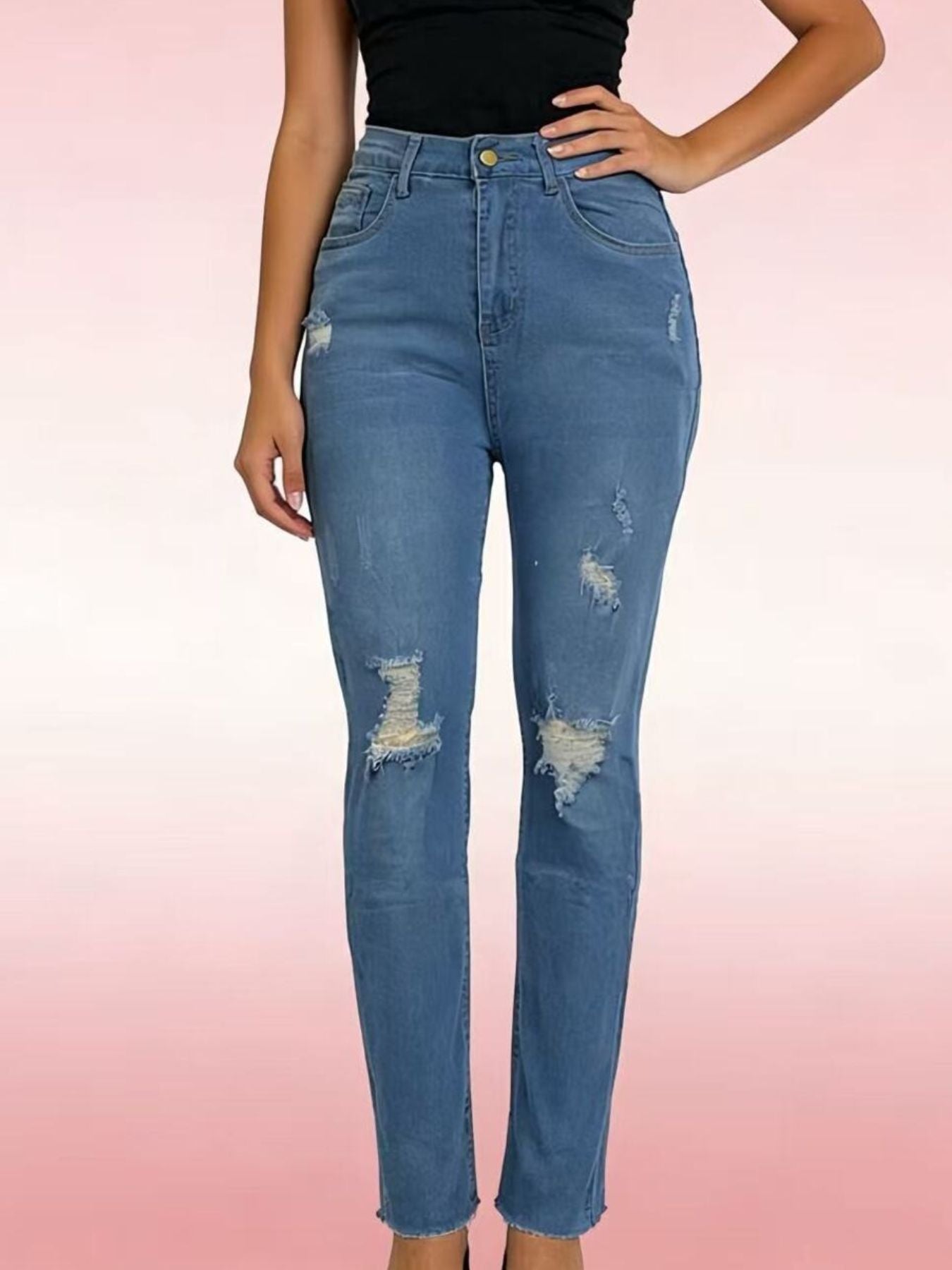 Women's High-Waisted Distressed Jeans – Blue, S–2XL - ShopNQlik