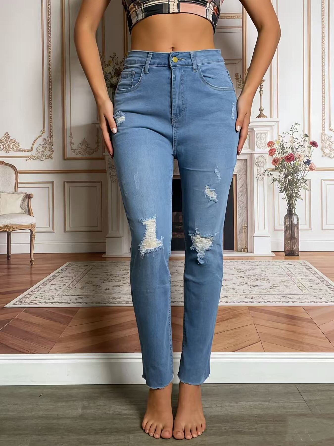 Women's High-Waisted Distressed Jeans – Blue, S–2XL - ShopNQlik
