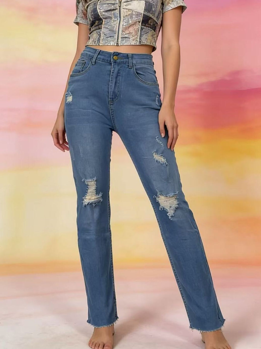 Women's High-Waisted Distressed Jeans – Blue, S–2XL - ShopNQlik