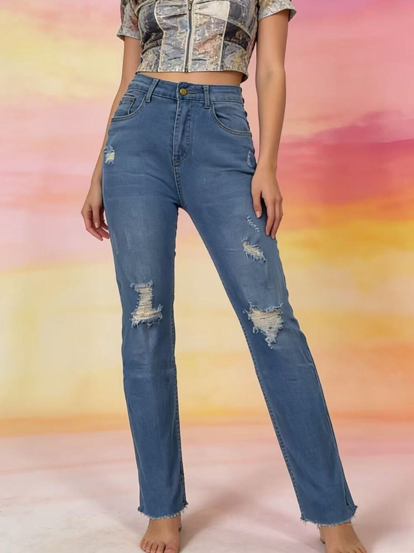 Women's High-Waisted Distressed Jeans – Blue, S–2XL - ShopNQlik
