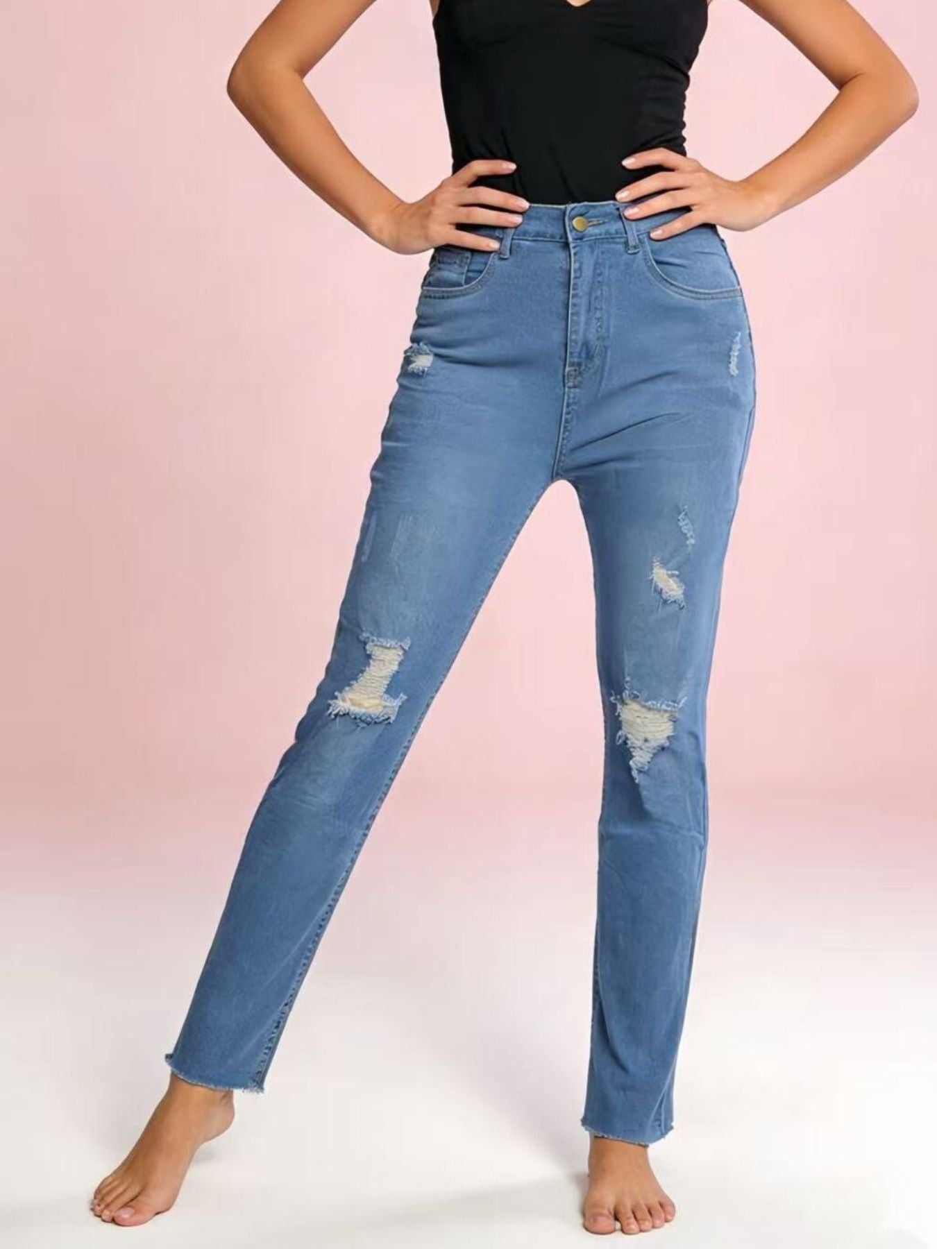 Women's High-Waisted Distressed Jeans – Blue, S–2XL - ShopNQlik