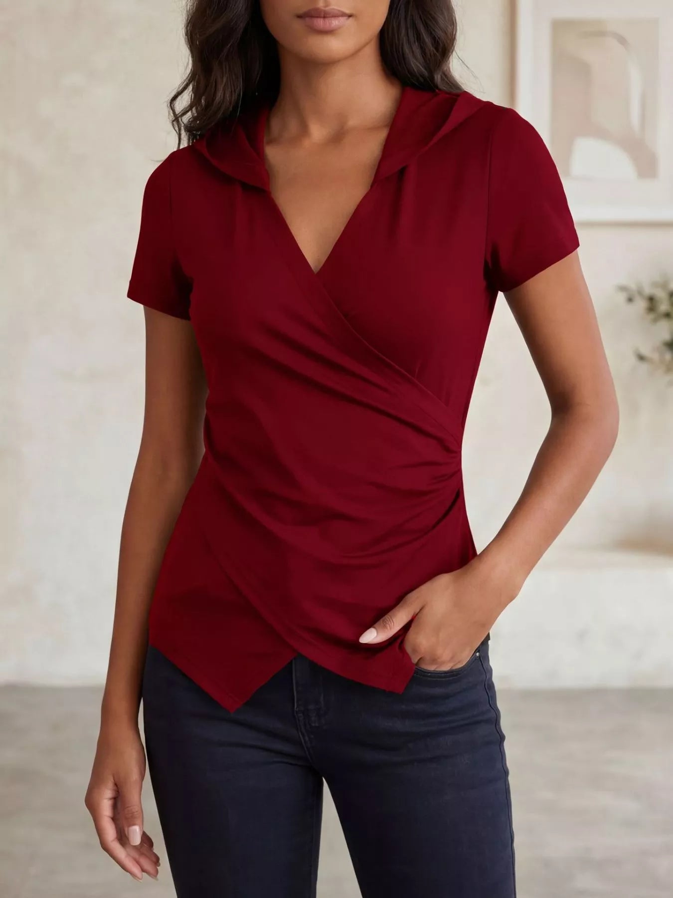 Women's Hooded Wrap Front Ruched Slim Fit Top - ShopNQlik