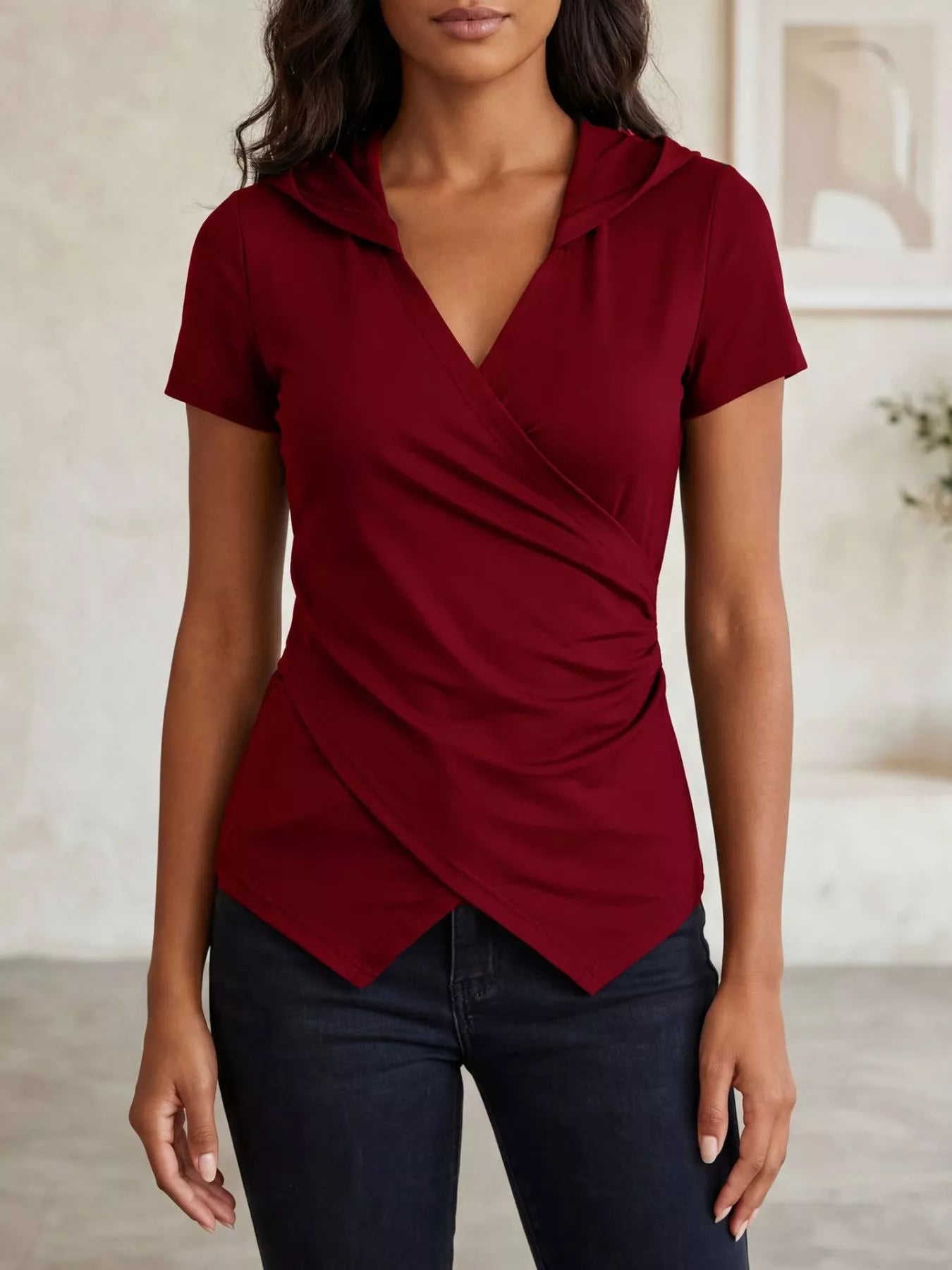 Women's Hooded Wrap Front Ruched Slim Fit Top - ShopNQlik