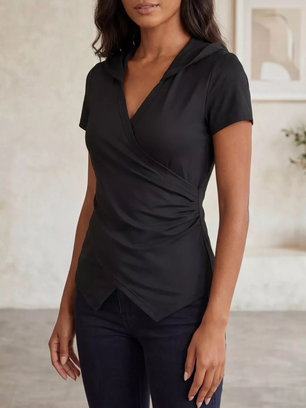 Women's Hooded Wrap Front Ruched Slim Fit Top - ShopNQlik