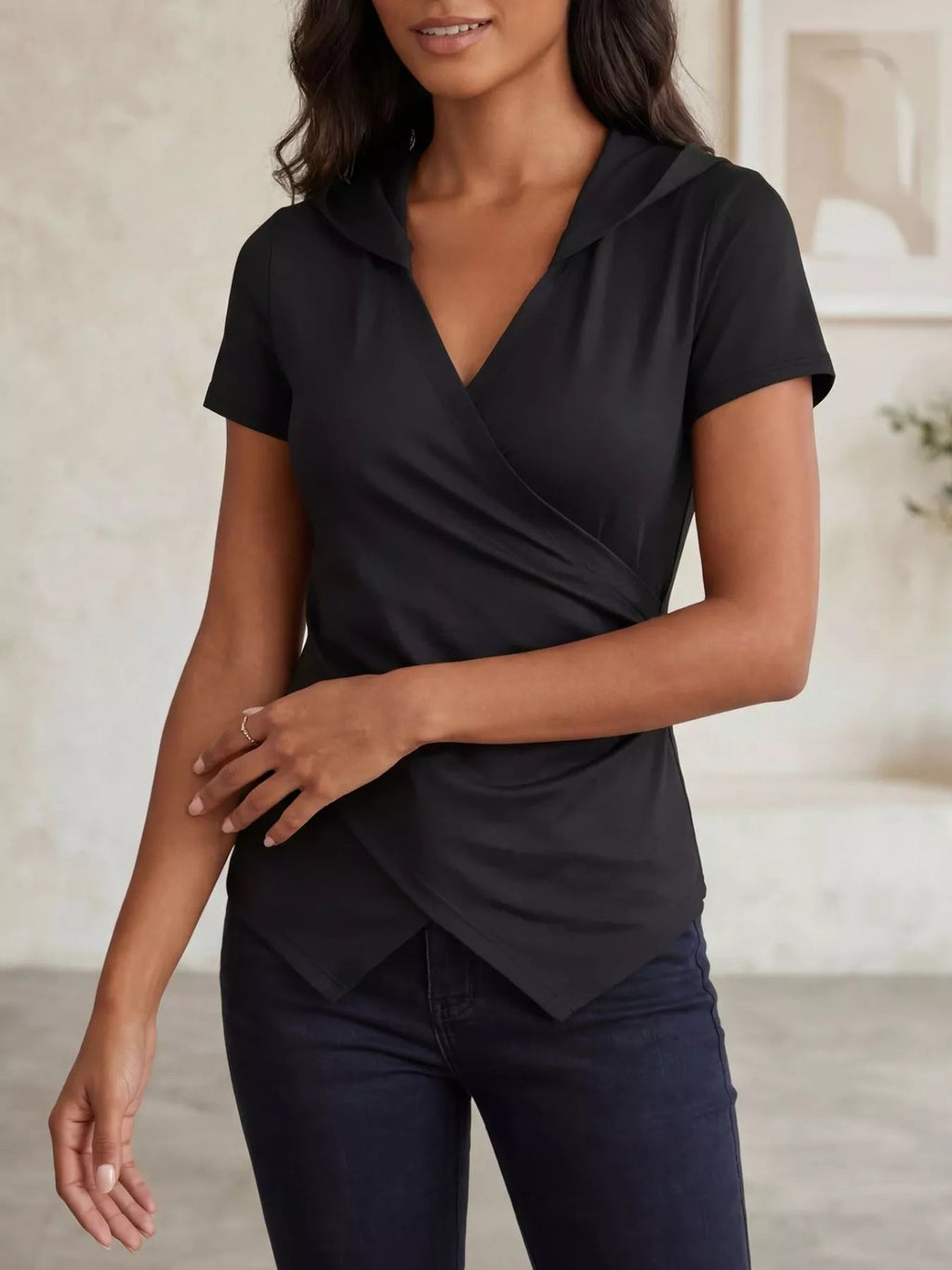 Women's Hooded Wrap Front Ruched Slim Fit Top - ShopNQlik