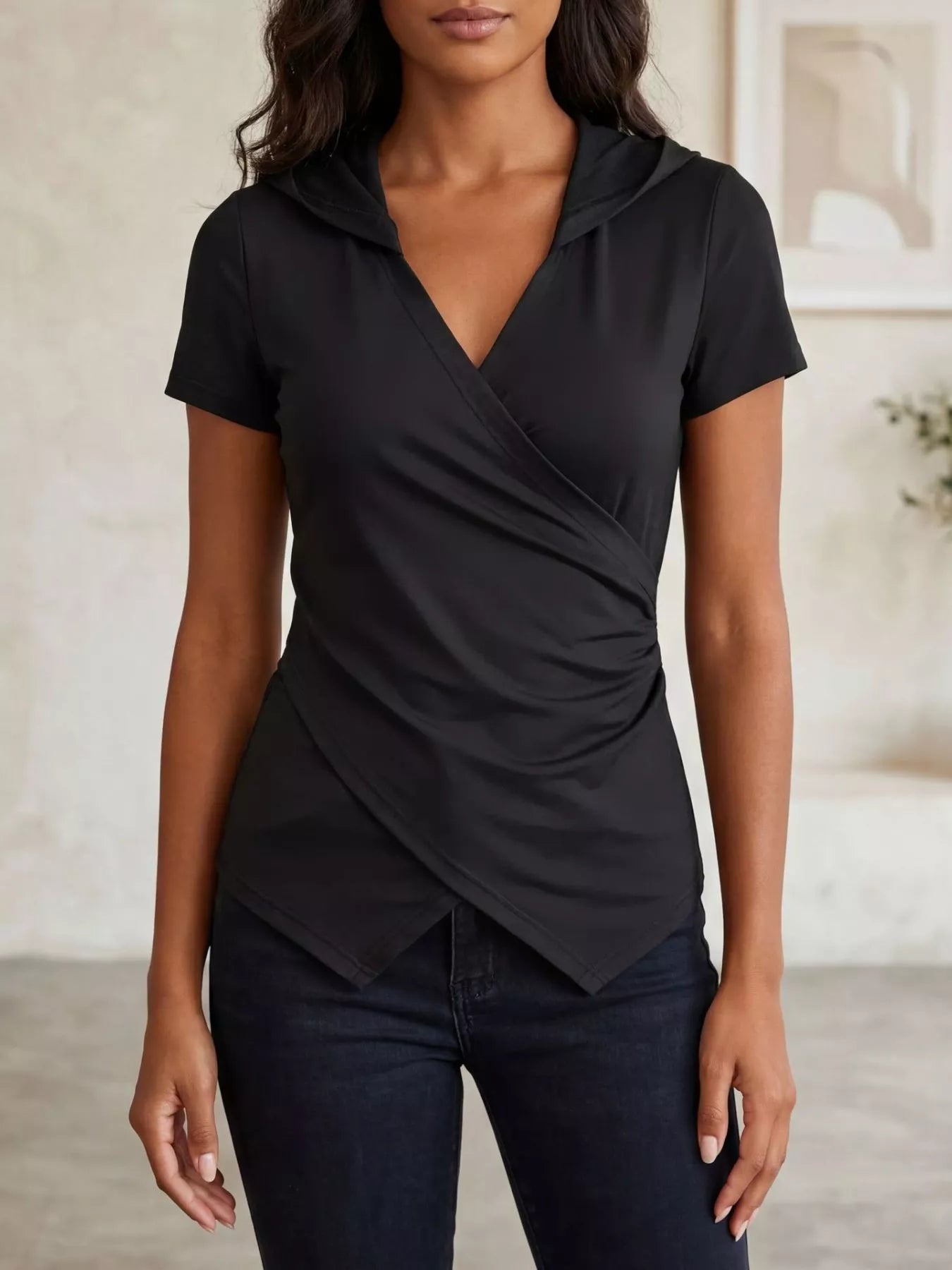 Women's Hooded Wrap Front Ruched Slim Fit Top - ShopNQlik