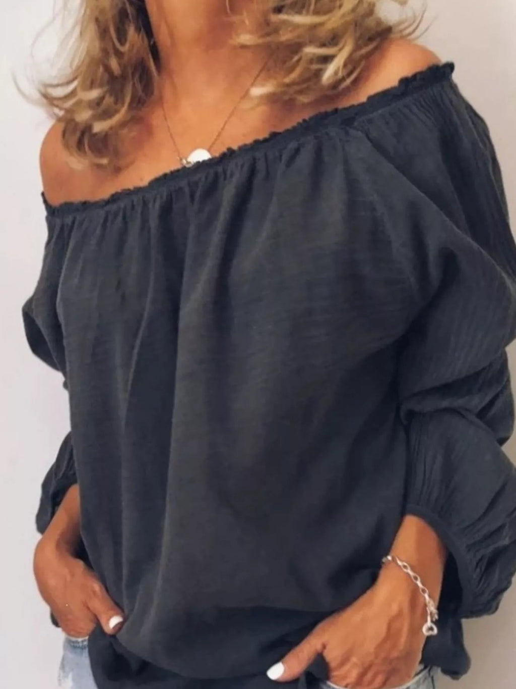 Women's Off-Shoulder Frill Trim Blouse – Long Sleeve Top - ShopNQlik