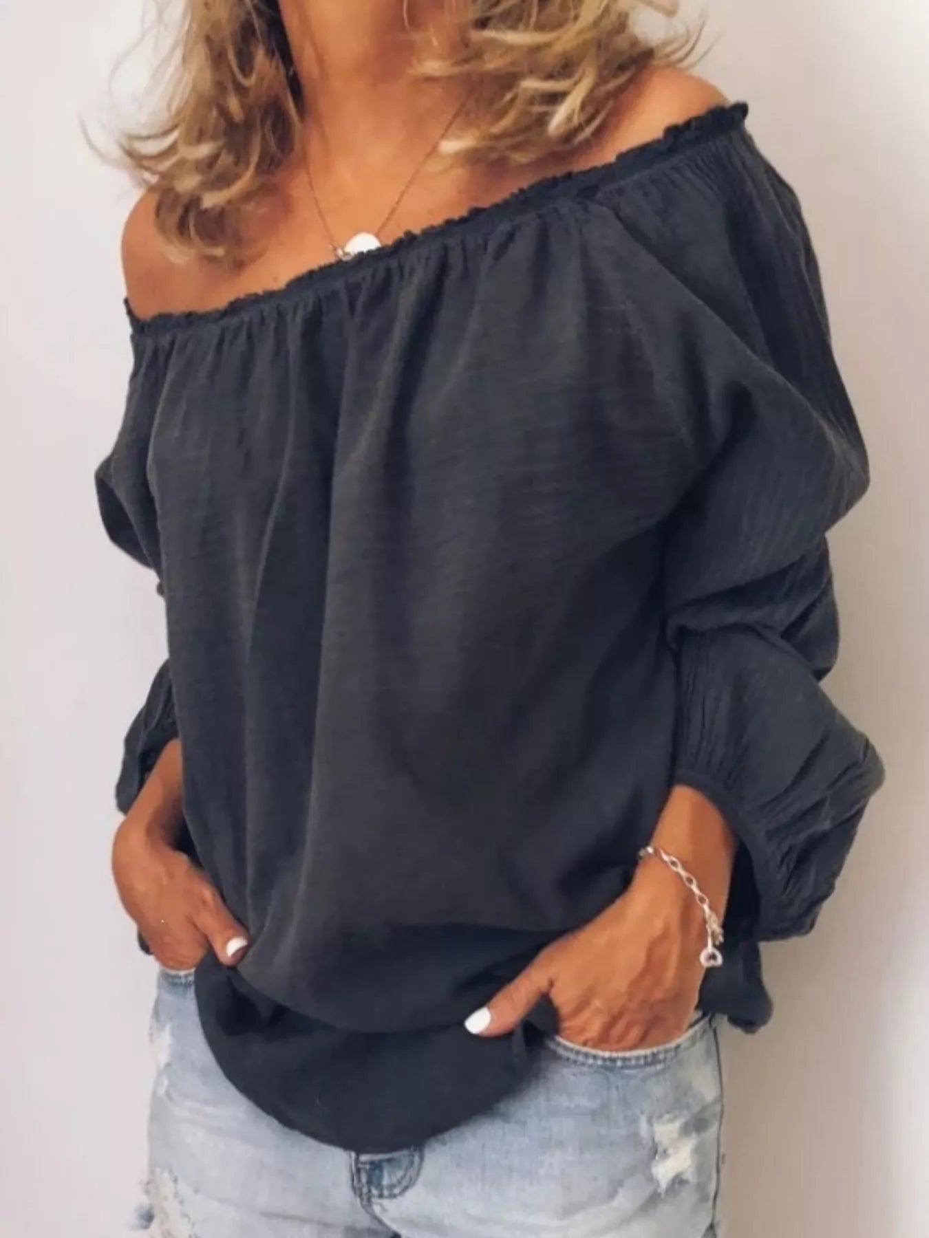 Women's Off-Shoulder Frill Trim Blouse – Long Sleeve Top - ShopNQlik