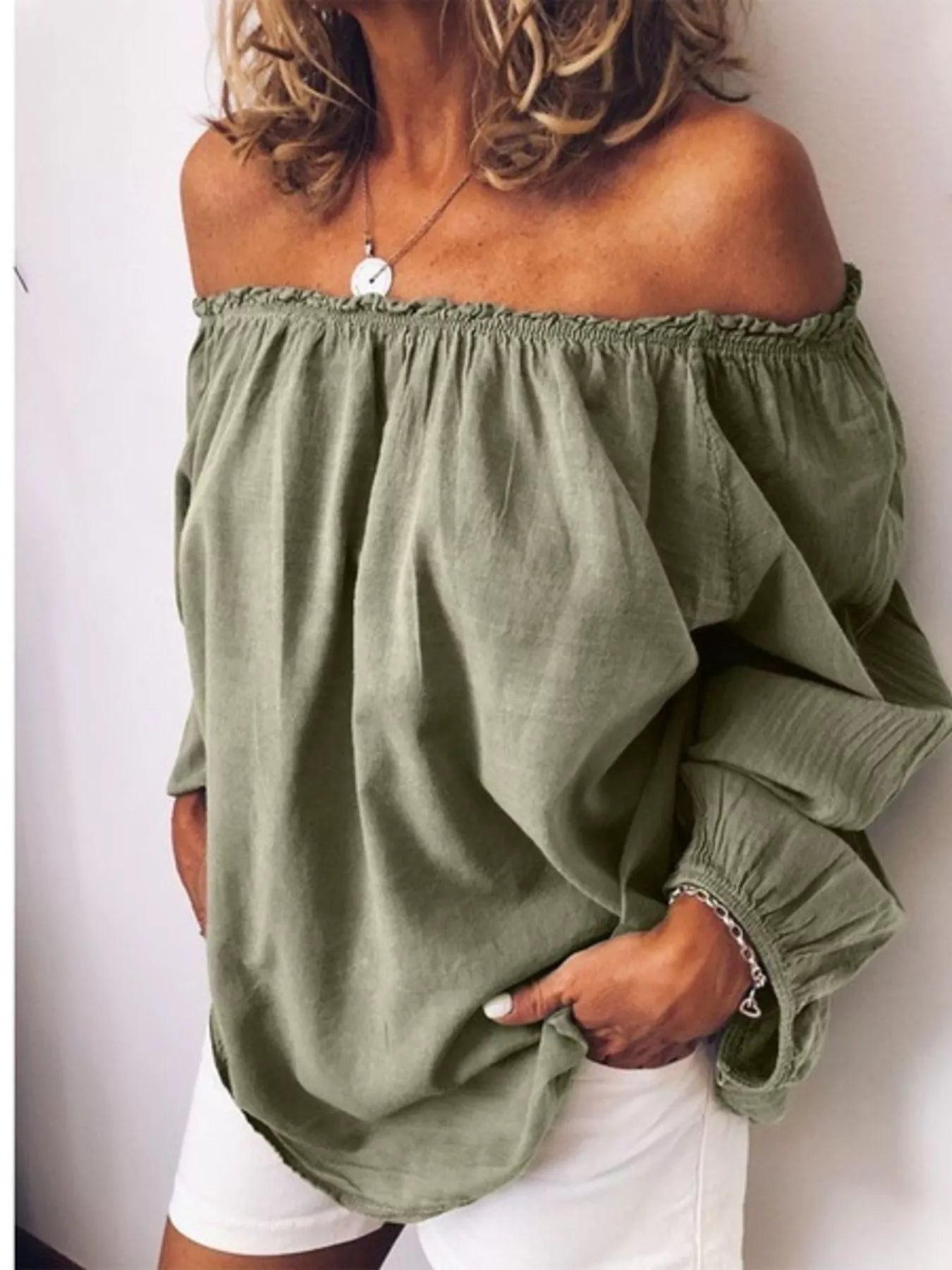 Women's Off-Shoulder Frill Trim Blouse – Long Sleeve Top - ShopNQlik