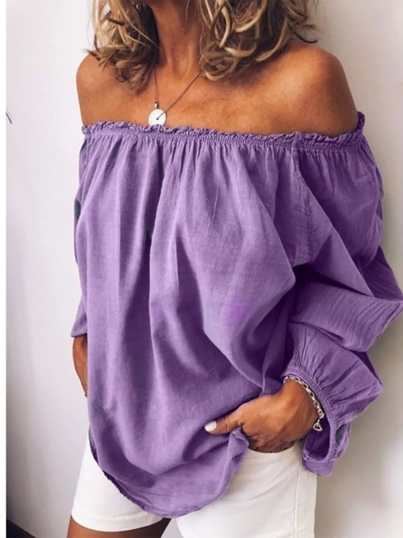 Women's Off-Shoulder Frill Trim Blouse – Long Sleeve Top - ShopNQlik