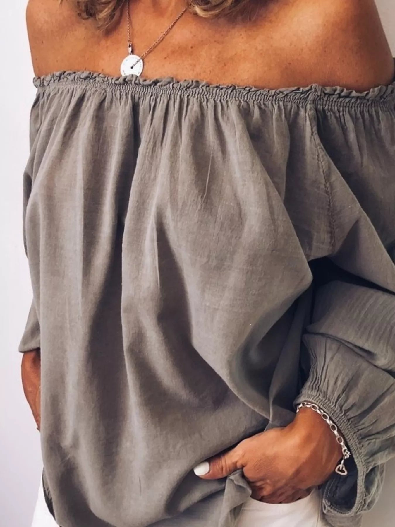 Women's Off-Shoulder Frill Trim Blouse – Long Sleeve Top - ShopNQlik