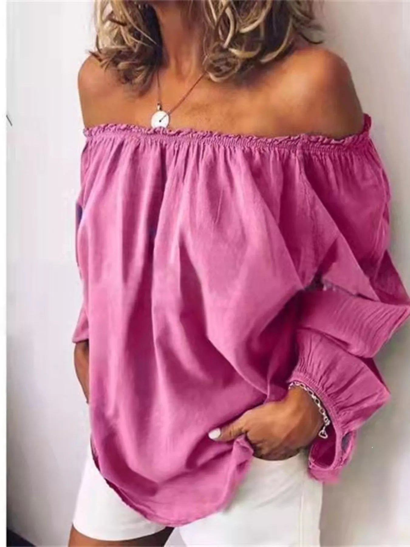 Women's Off-Shoulder Frill Trim Blouse – Long Sleeve Top - ShopNQlik
