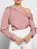 Women's One-Shoulder Satin Blouse – Elegant Long Sleeve Top - ShopNQlik
