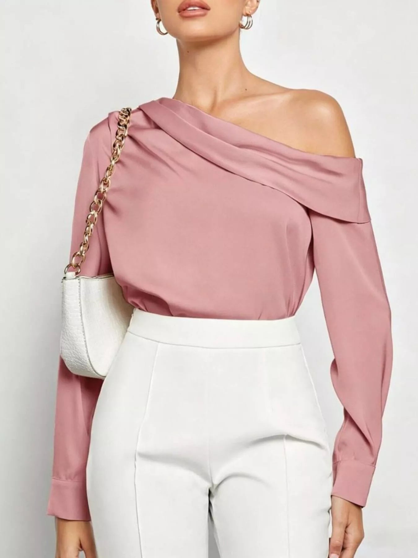 Women's One-Shoulder Satin Blouse – Elegant Long Sleeve Top - ShopNQlik