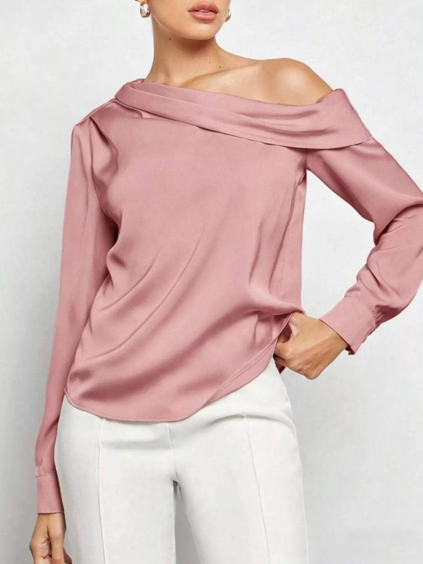 Women's One-Shoulder Satin Blouse – Elegant Long Sleeve Top - ShopNQlik