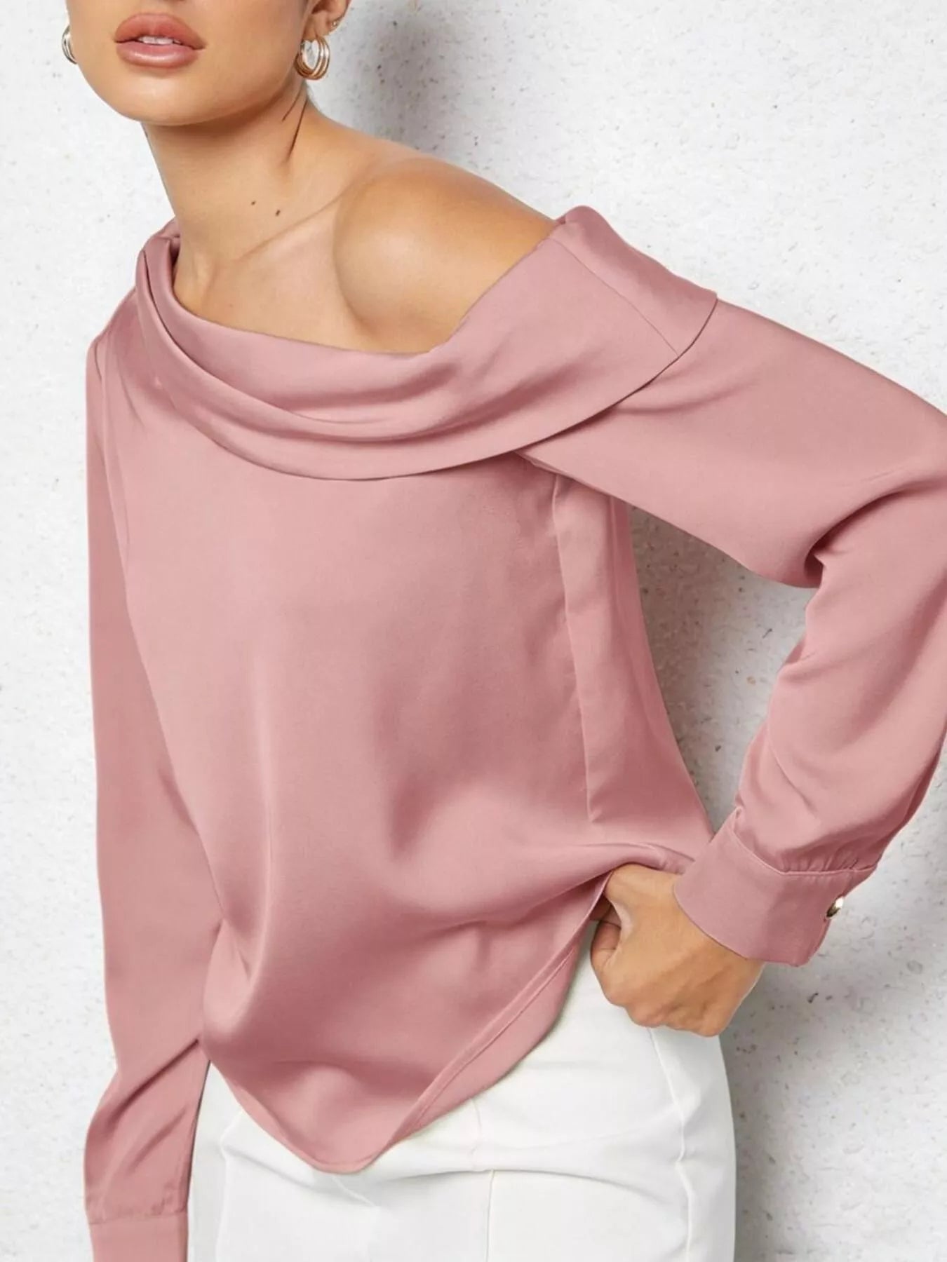 Women's One-Shoulder Satin Blouse – Elegant Long Sleeve Top - ShopNQlik