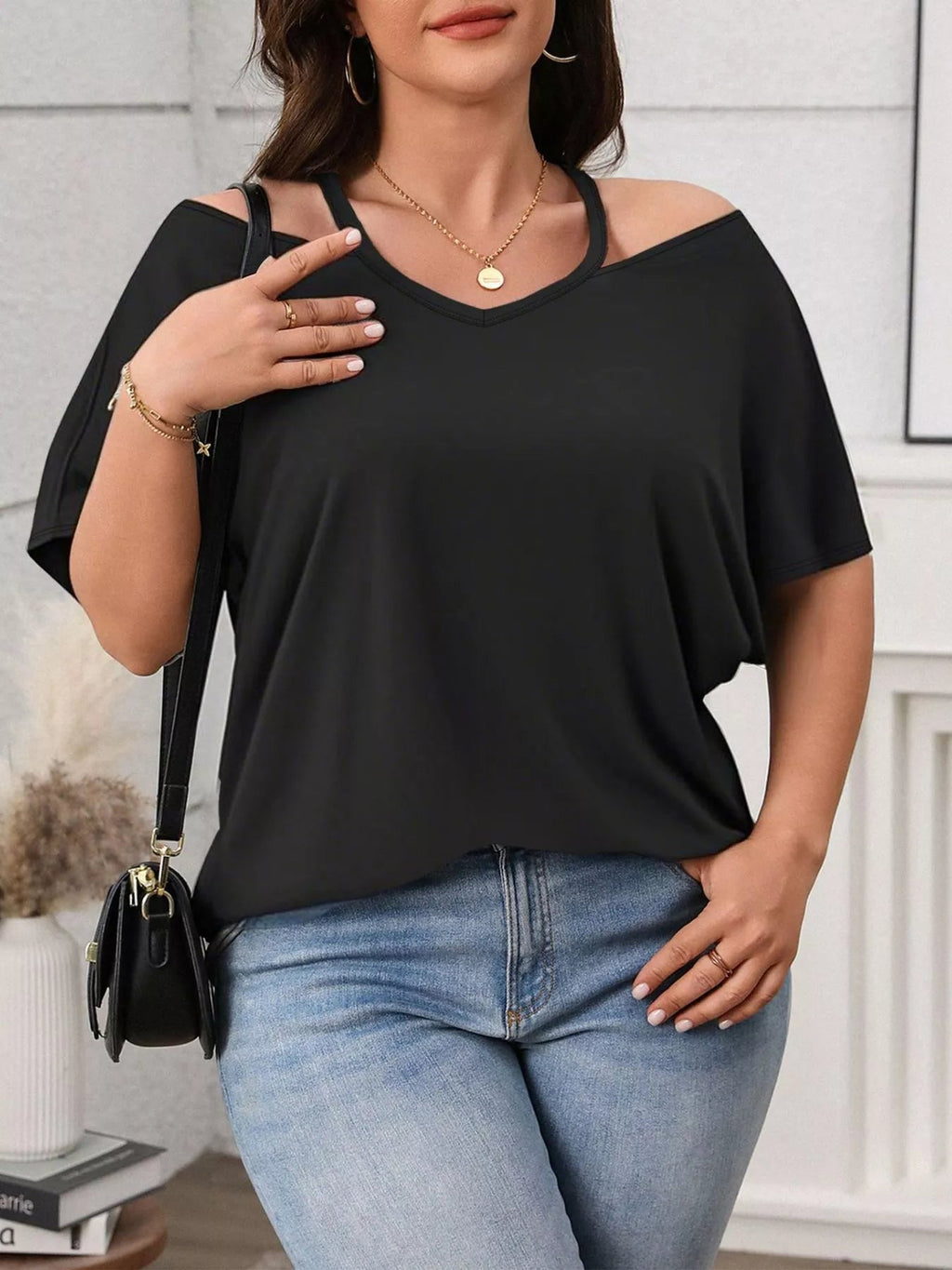Women's Plus Size Cold Shoulder Short Sleeve Top – Flattering Everyday Tee - ShopNQlik