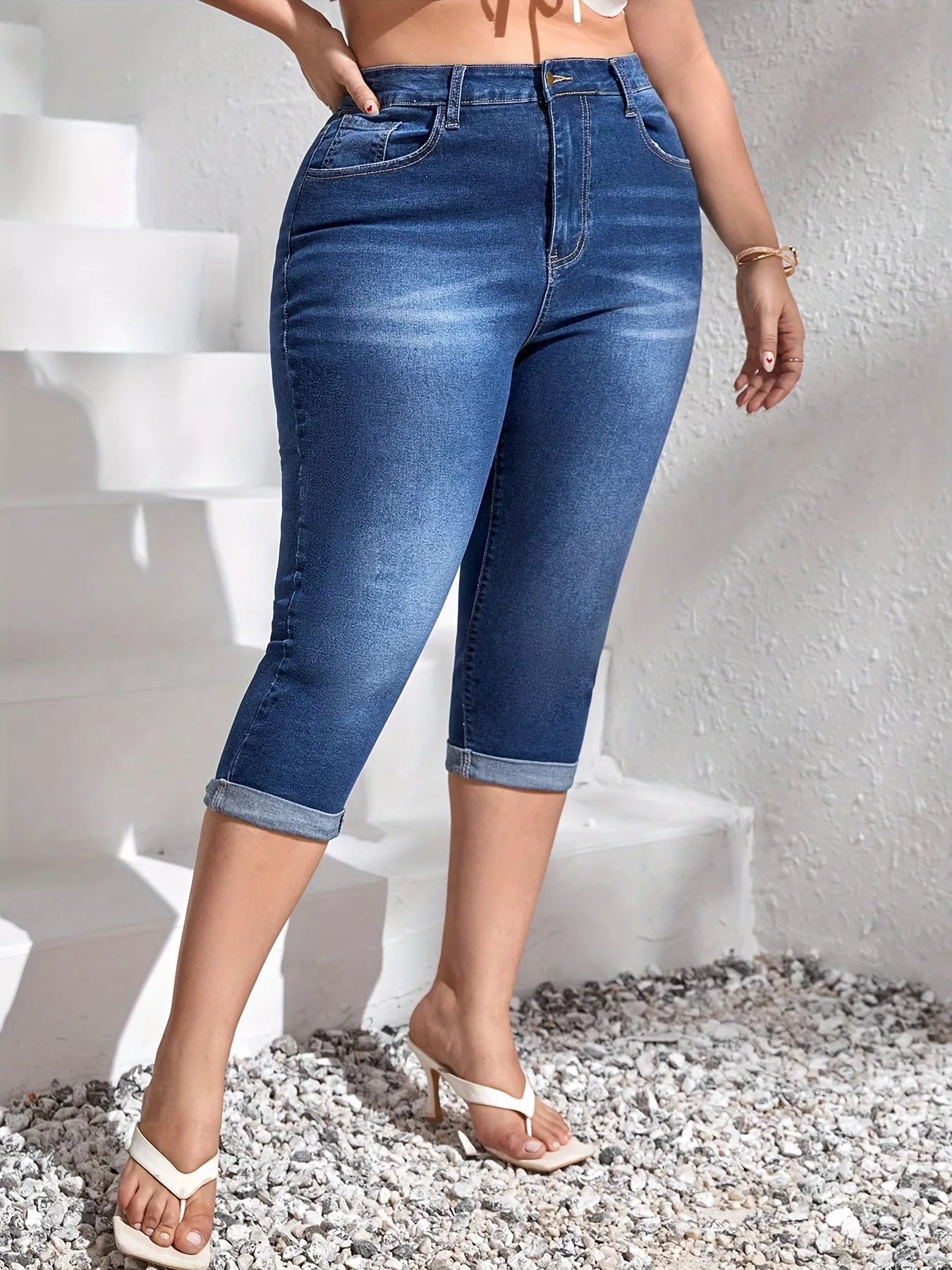 Women's Plus Size High-Waist Rolled Hem Denim Capri Jeans – Dark Blue, 0XL–4XL - ShopNQlik