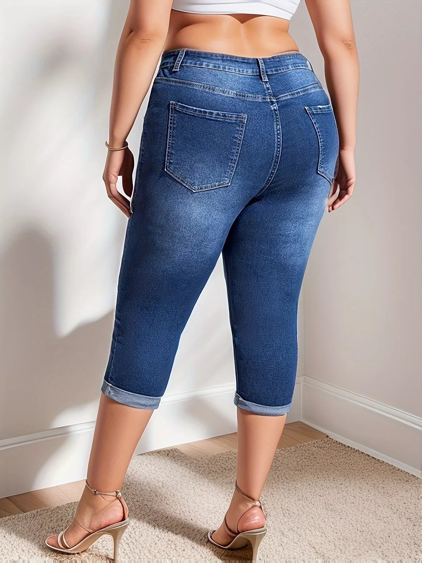 Women's Plus Size High-Waist Rolled Hem Denim Capri Jeans – Dark Blue, 0XL–4XL - ShopNQlik