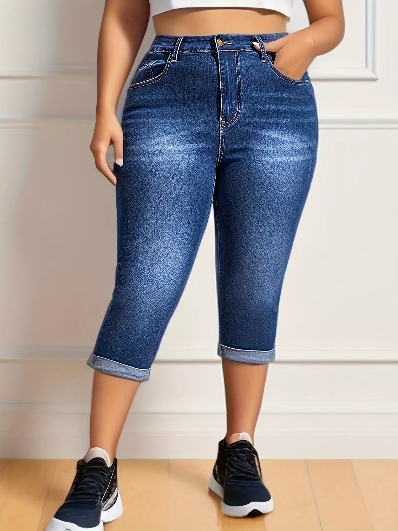 Women's Plus Size High-Waist Rolled Hem Denim Capri Jeans – Dark Blue, 0XL–4XL - ShopNQlik