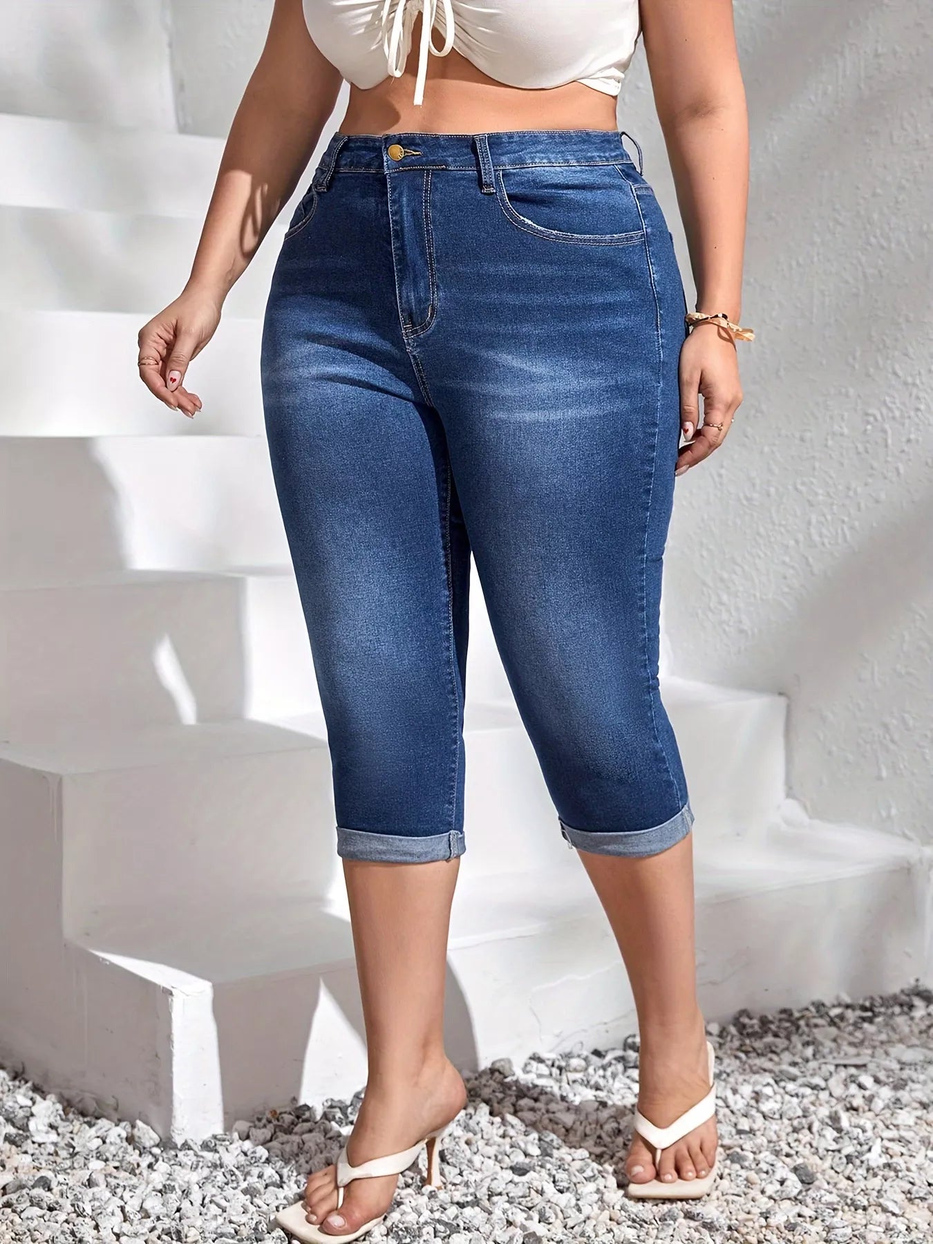 Women's Plus Size High-Waist Rolled Hem Denim Capri Jeans – Dark Blue, 0XL–4XL - ShopNQlik