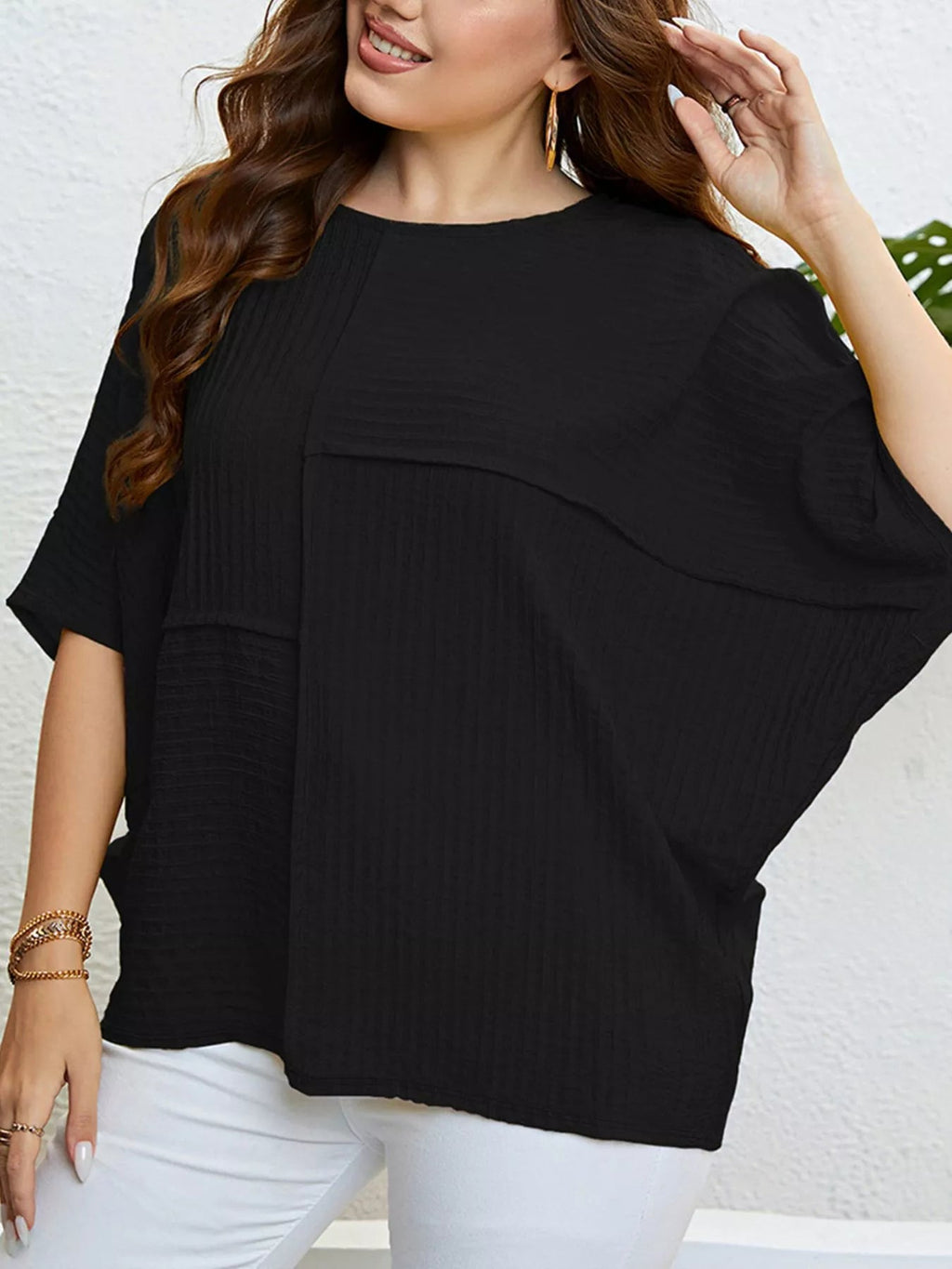 Women's Plus Size Relaxed Fit Textured Half Sleeve T-Shirt - ShopNQlik