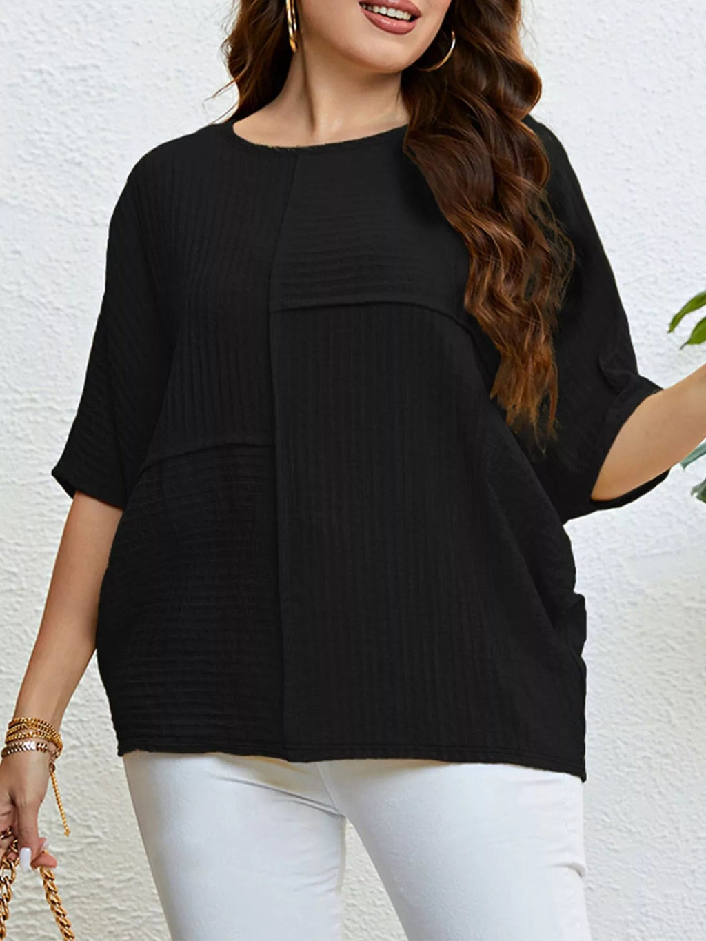 Women's Plus Size Relaxed Fit Textured Half Sleeve T-Shirt - ShopNQlik