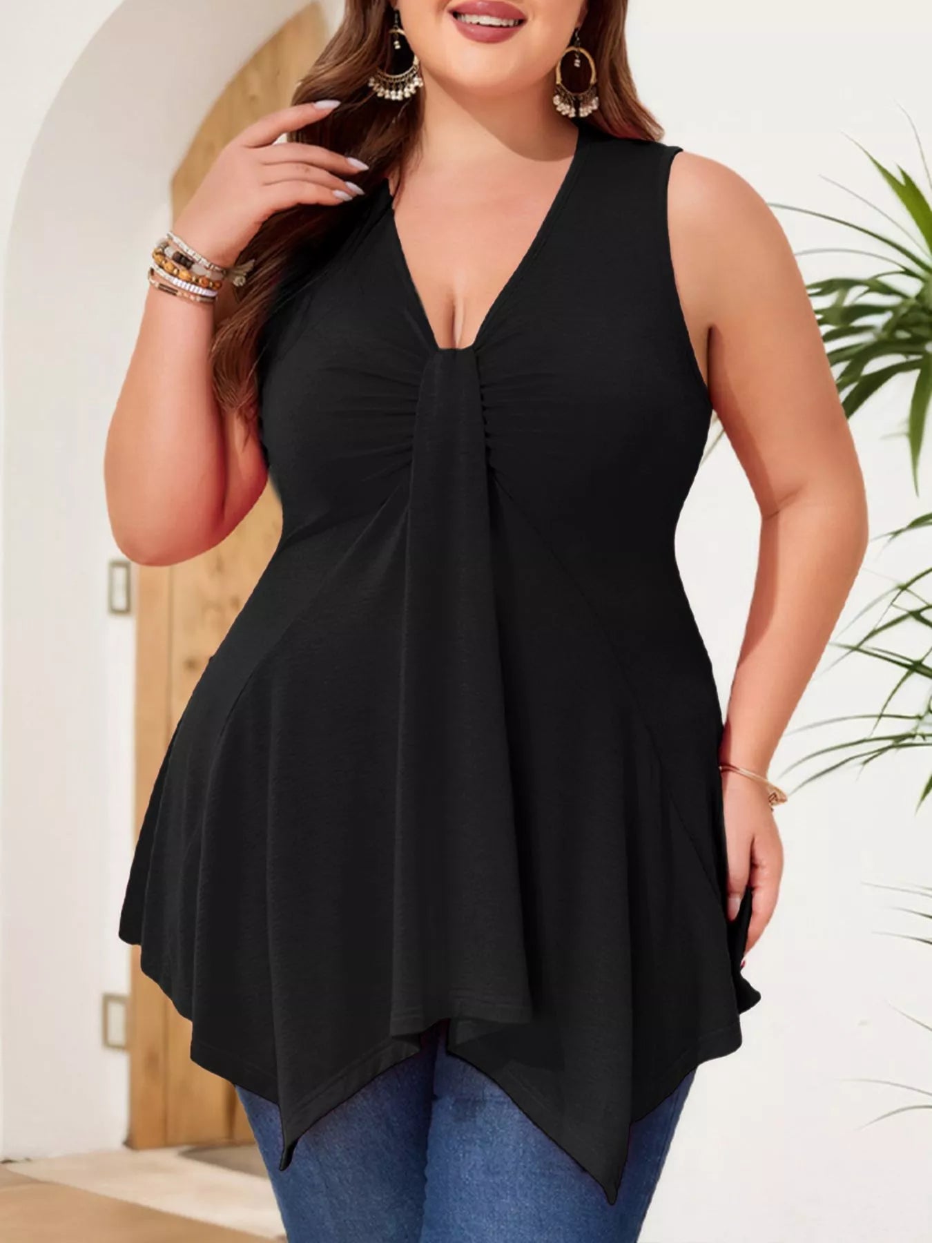 Women's Plus Size V-Neck Ruched Flowy Tank Top – Asymmetrical Hem - ShopNQlik
