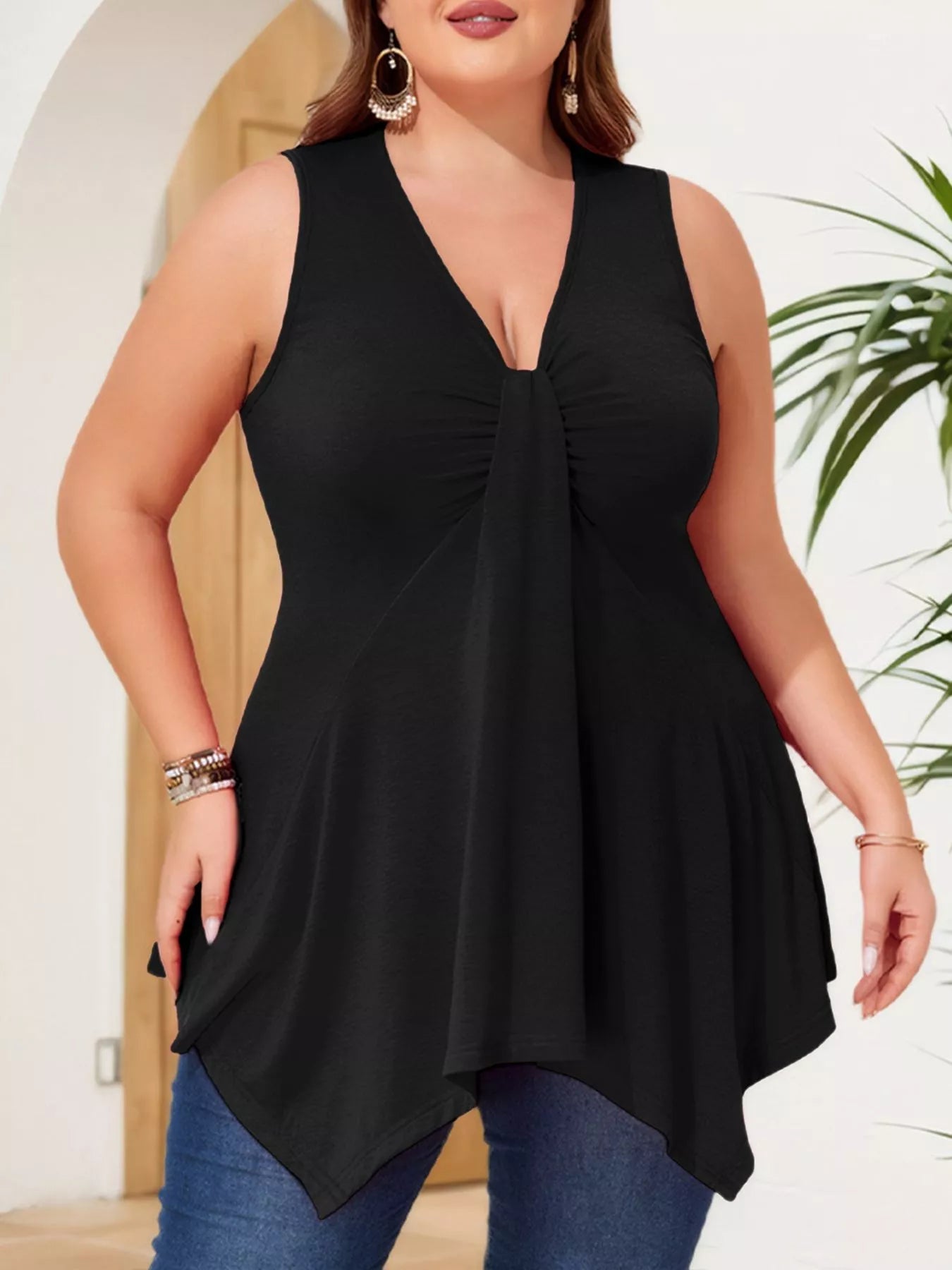 Women's Plus Size V-Neck Ruched Flowy Tank Top – Asymmetrical Hem - ShopNQlik