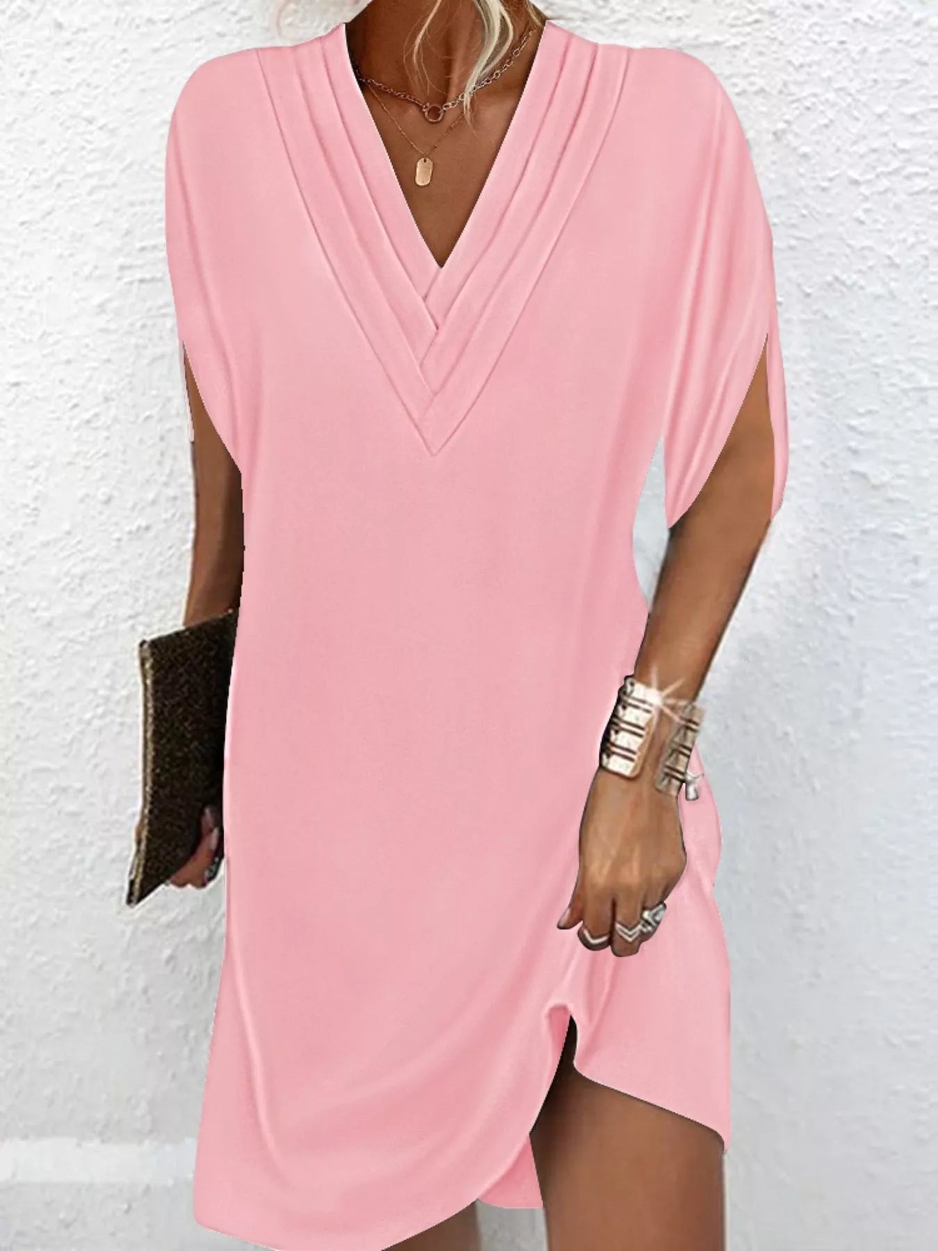 Women's Plus Size V-Neck Slit Sleeve Mini Dress – 6 Colours, S–3XL - ShopNQlik