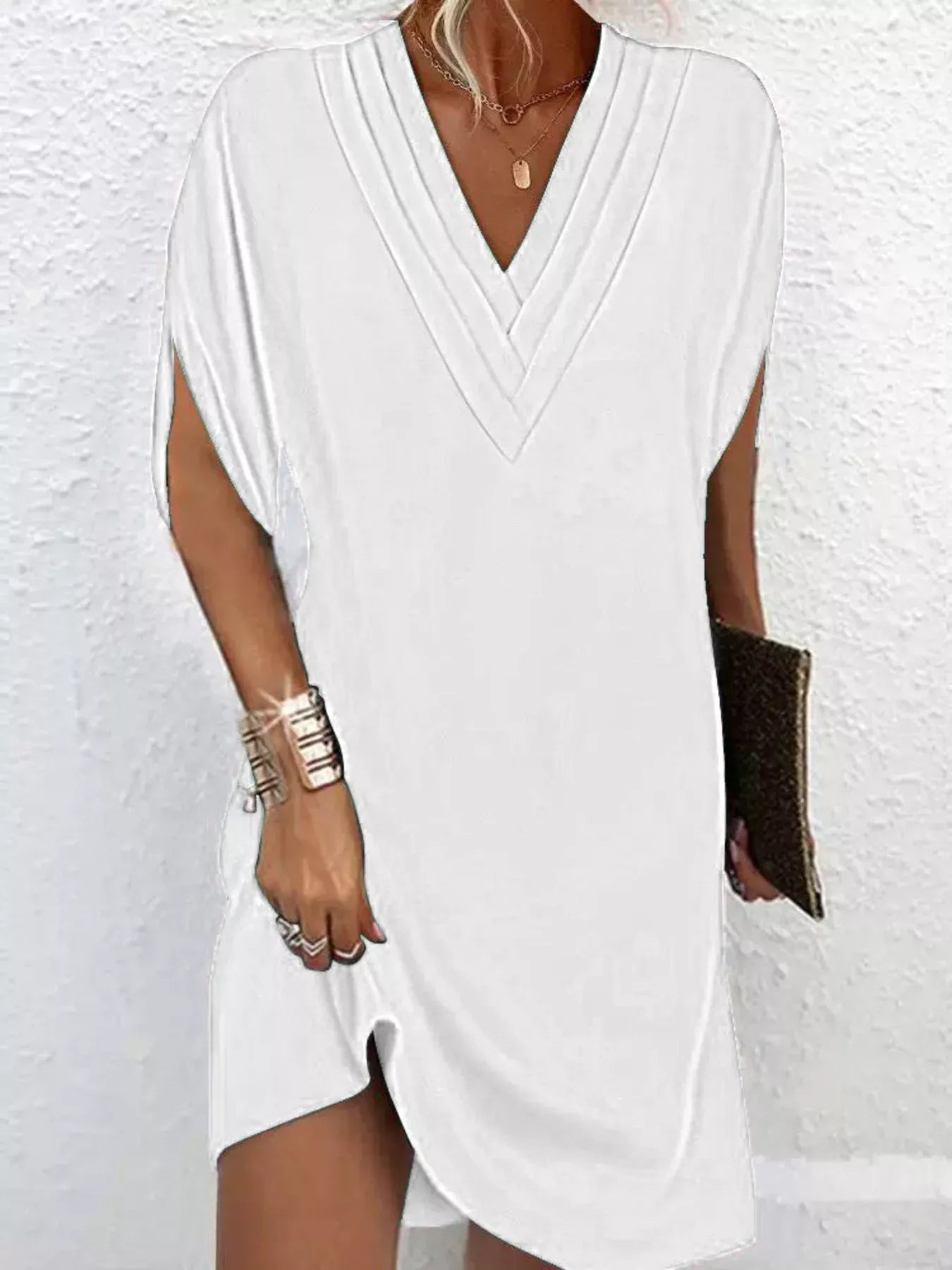 Women's Plus Size V-Neck Slit Sleeve Mini Dress – 6 Colours, S–3XL - ShopNQlik