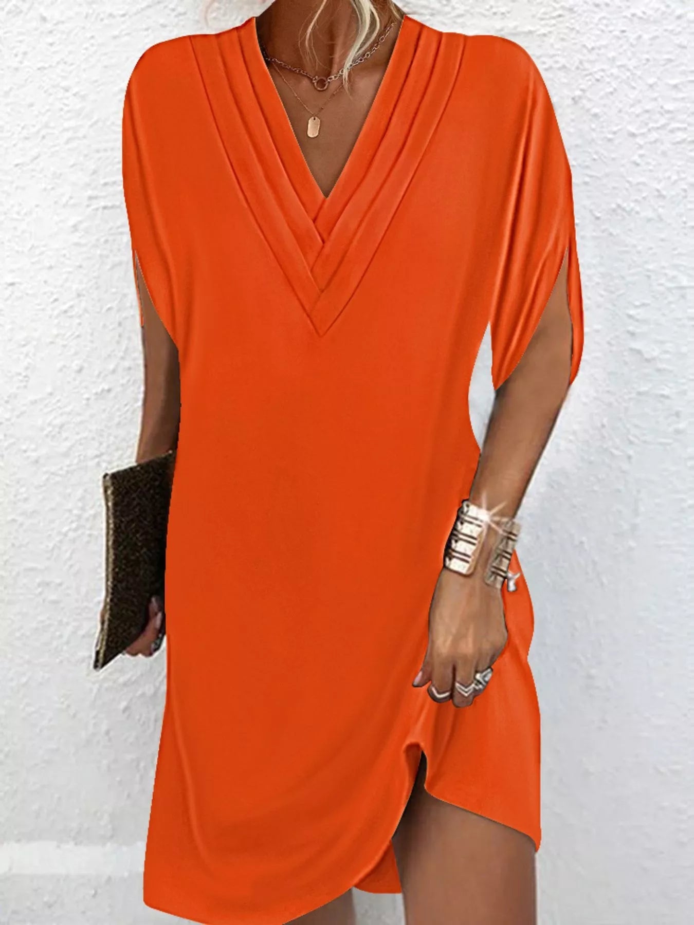 Women's Plus Size V-Neck Slit Sleeve Mini Dress – 6 Colours, S–3XL - ShopNQlik