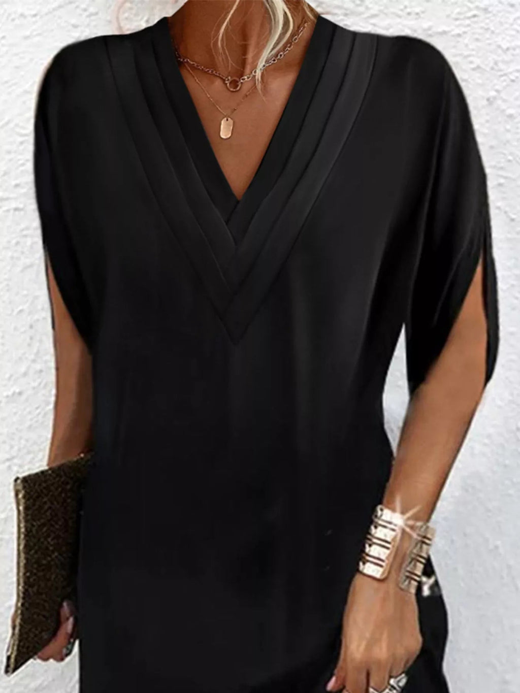 Women's Plus Size V-Neck Slit Sleeve Mini Dress – 6 Colours, S–3XL - ShopNQlik