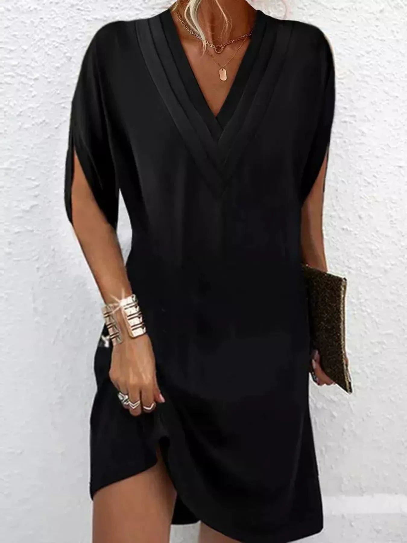 Women's Plus Size V-Neck Slit Sleeve Mini Dress – 6 Colours, S–3XL - ShopNQlik