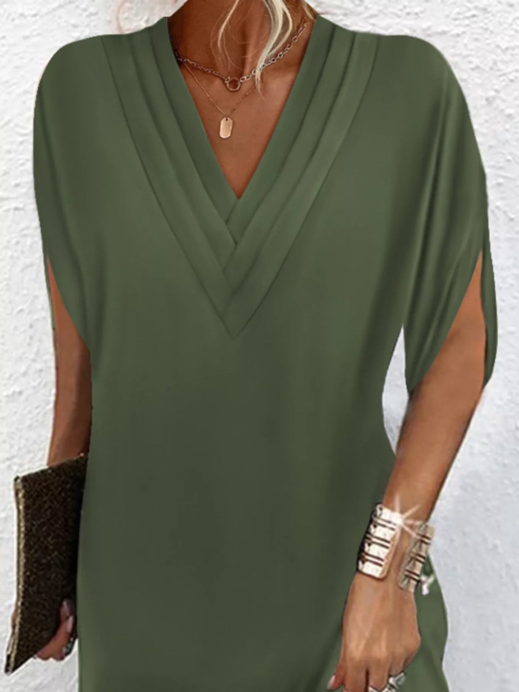 Women's Plus Size V-Neck Slit Sleeve Mini Dress – 6 Colours, S–3XL - ShopNQlik