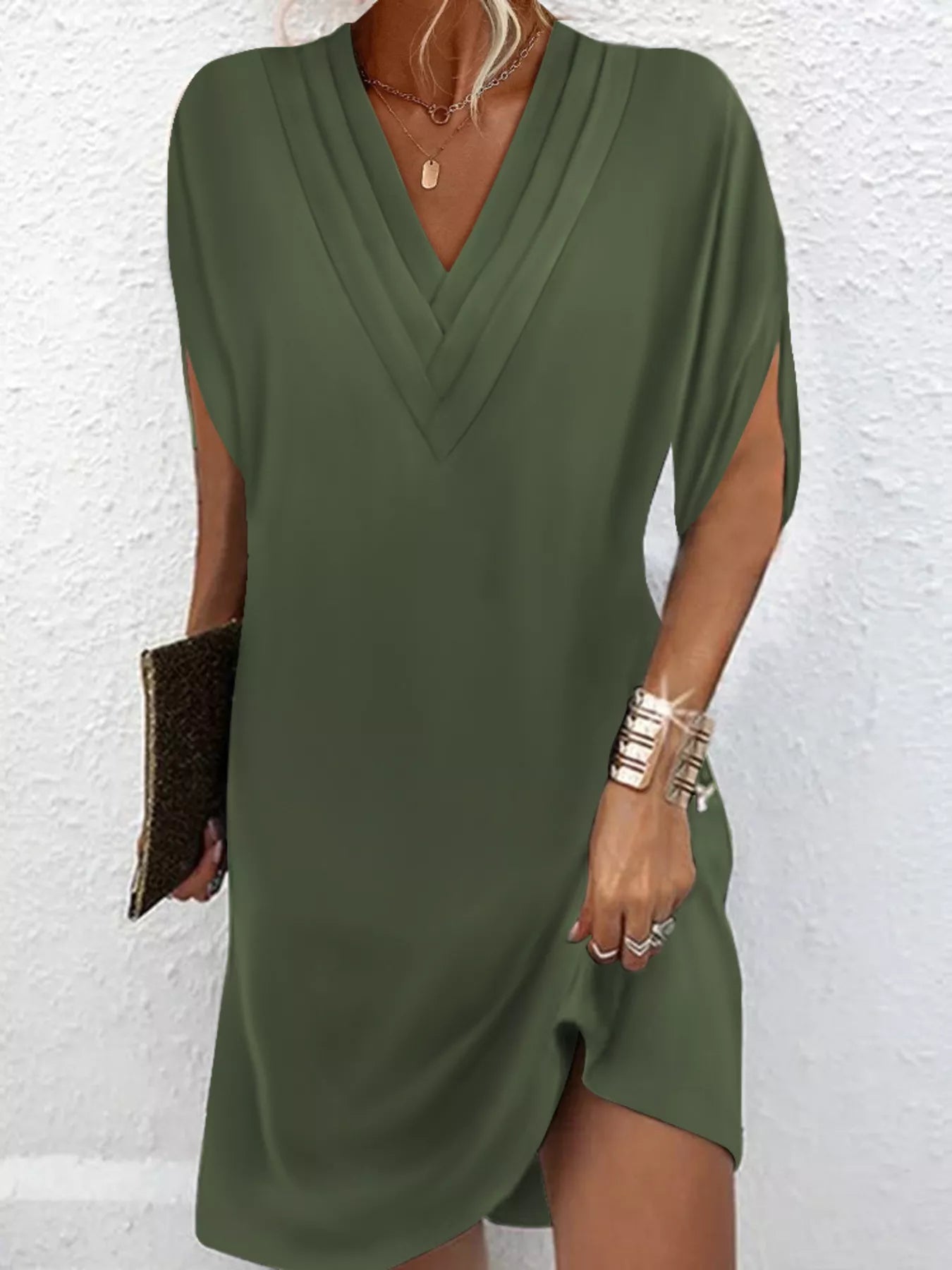 Women's Plus Size V-Neck Slit Sleeve Mini Dress – 6 Colours, S–3XL - ShopNQlik