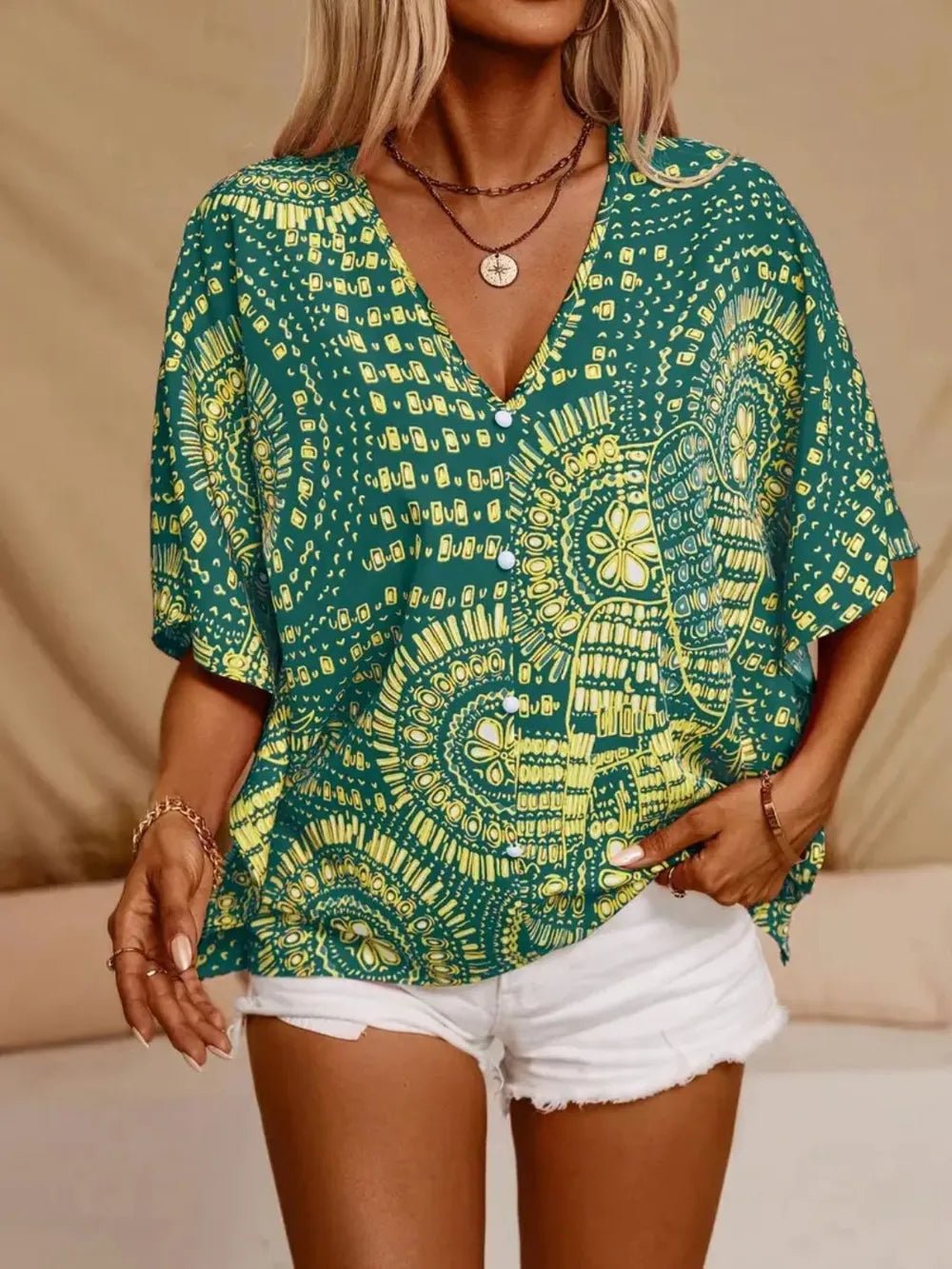 Women's Printed V-Neck Half Sleeve Top – Casual Everyday Tee - ShopNQlik