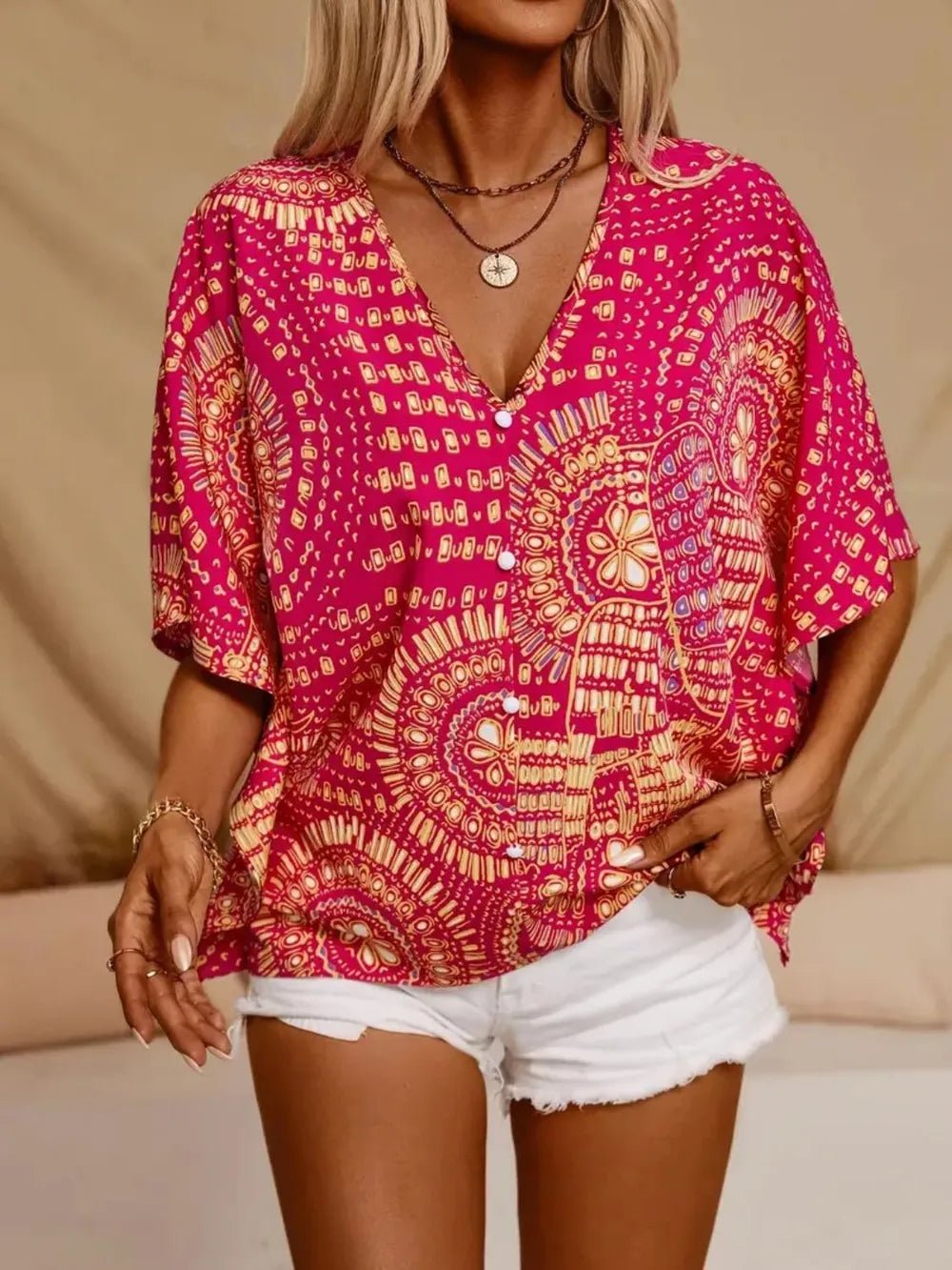 Women's Printed V-Neck Half Sleeve Top – Casual Everyday Tee - ShopNQlik