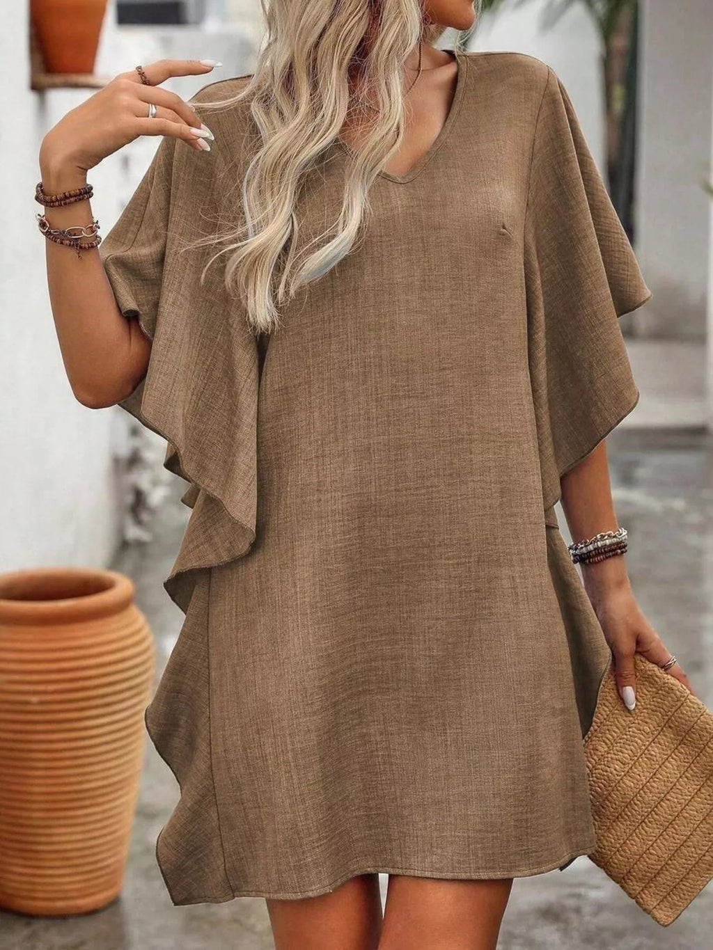 Women's Ruffled Flutter Sleeve V-Neck Mini Dress – 6 Colours, S–2XL - ShopNQlik
