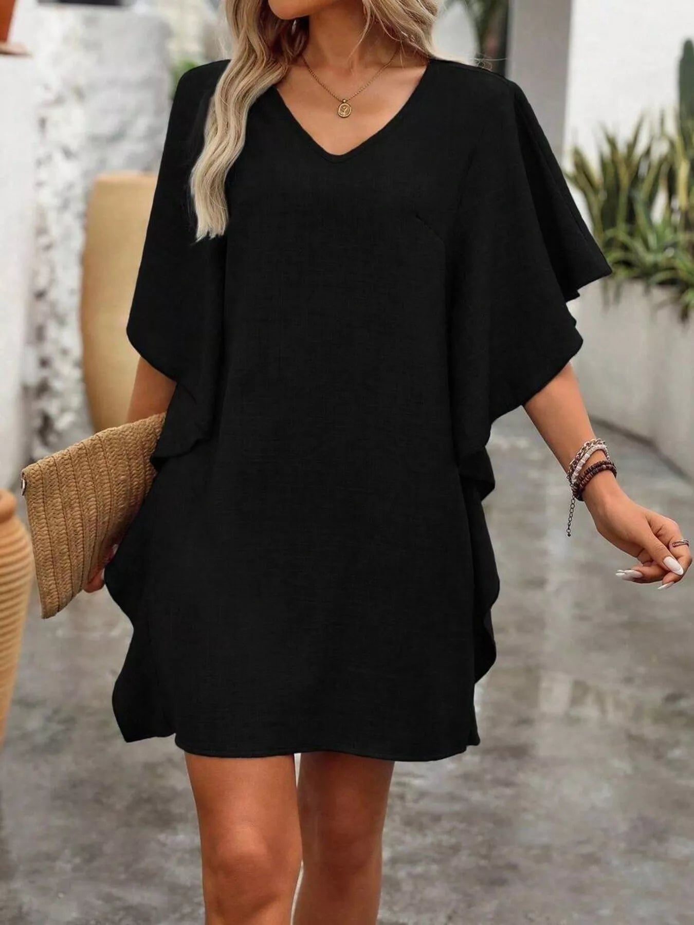 Women's Ruffled Flutter Sleeve V-Neck Mini Dress – 6 Colours, S–2XL - ShopNQlik