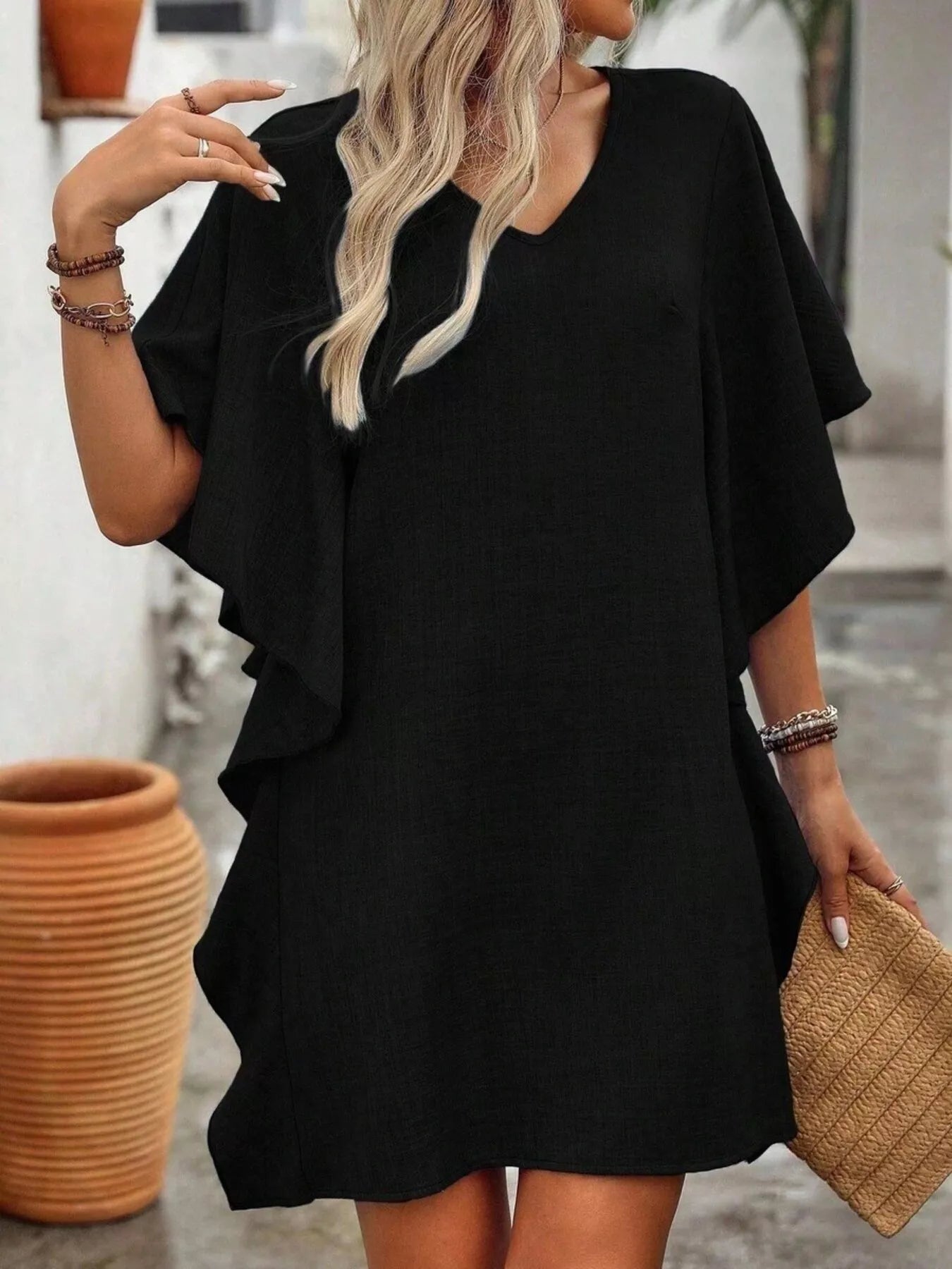 Women's Ruffled Flutter Sleeve V-Neck Mini Dress – 6 Colours, S–2XL - ShopNQlik
