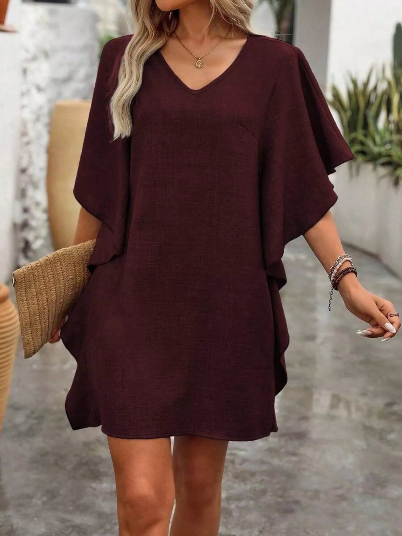 Women's Ruffled Flutter Sleeve V-Neck Mini Dress – 6 Colours, S–2XL - ShopNQlik