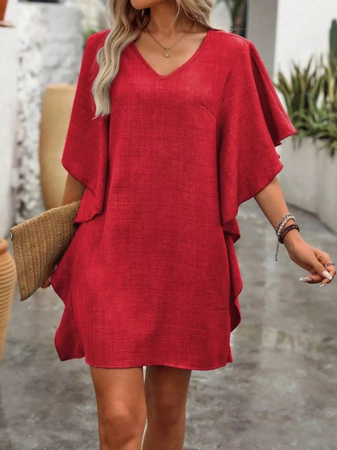 Women's Ruffled Flutter Sleeve V-Neck Mini Dress – 6 Colours, S–2XL - ShopNQlik