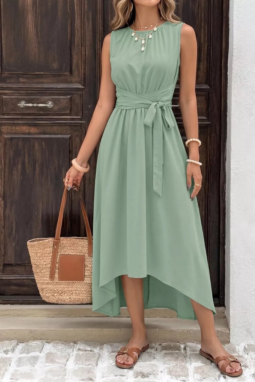 Women's Sleeveless High-Low Hem A-Line Dress – Sage, S–XL - ShopNQlik