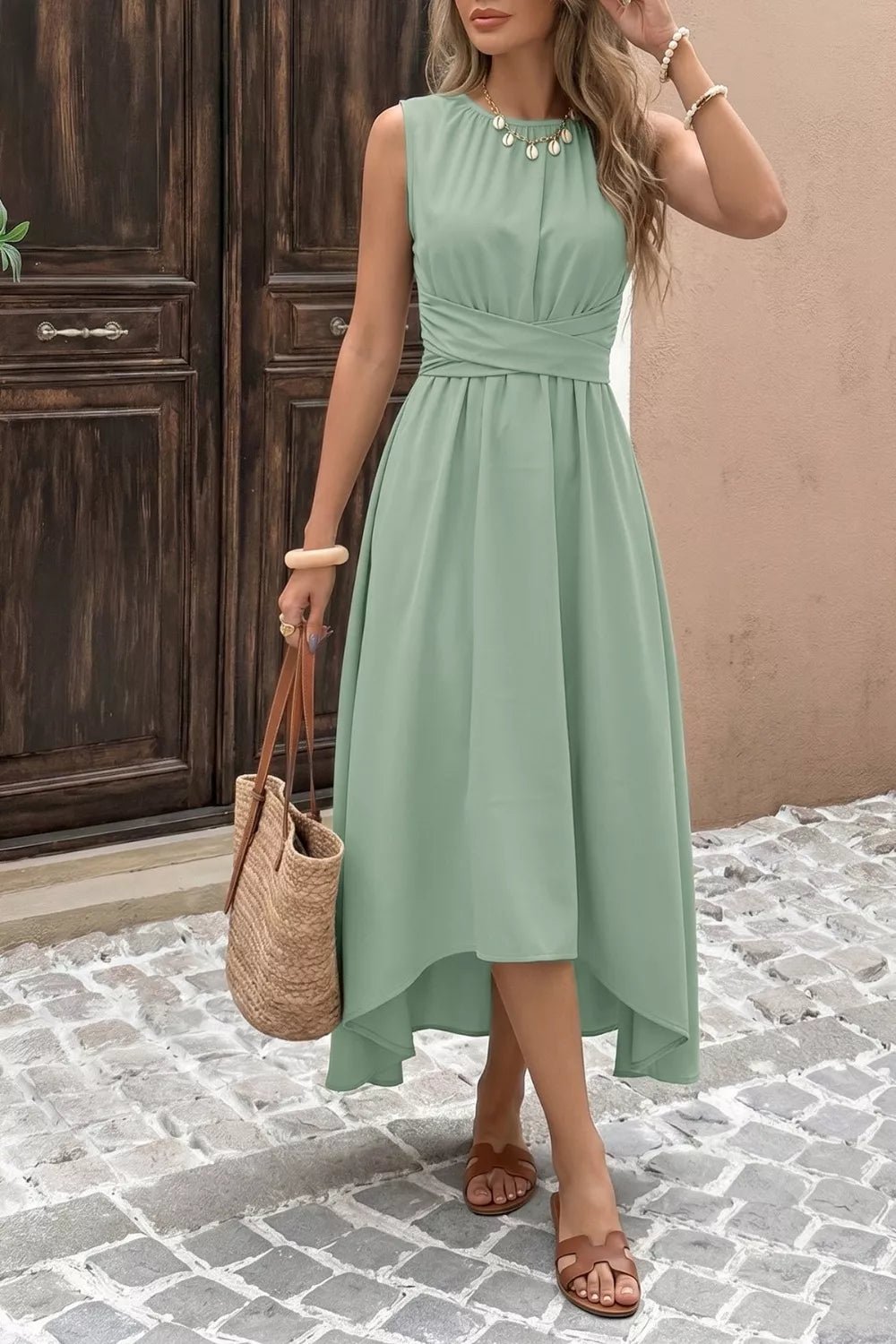 Women's Sleeveless High-Low Hem A-Line Dress – Sage, S–XL - ShopNQlik
