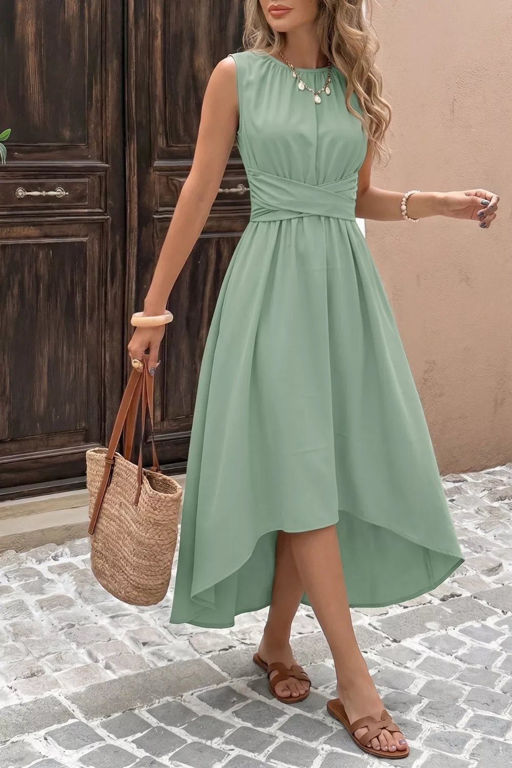 Women's Sleeveless High-Low Hem A-Line Dress – Sage, S–XL - ShopNQlik