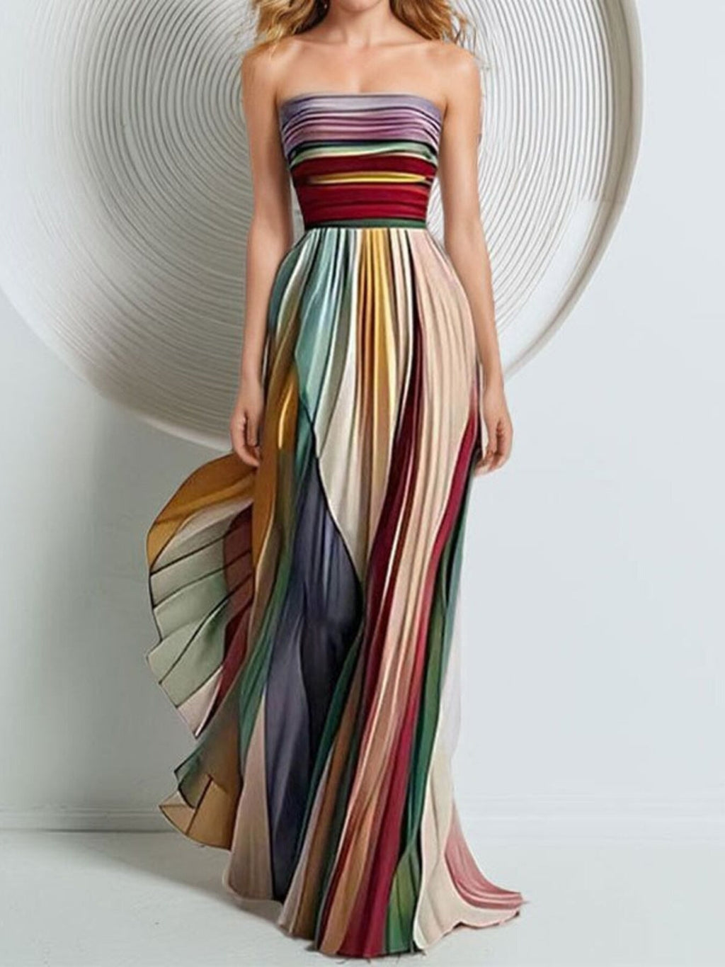 Women's Striped Pleated Strapless Maxi Dress – Multicolor, S–2XL - ShopNQlik