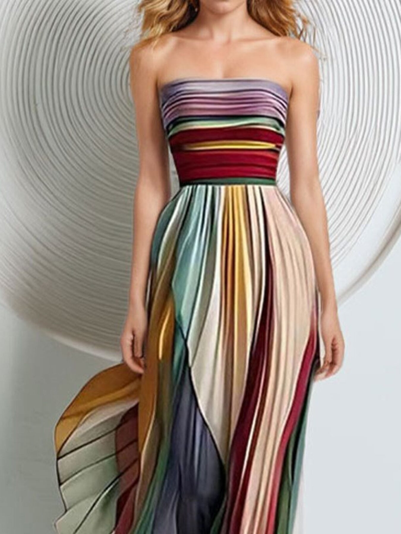 Women's Striped Pleated Strapless Maxi Dress – Multicolor, S–2XL - ShopNQlik