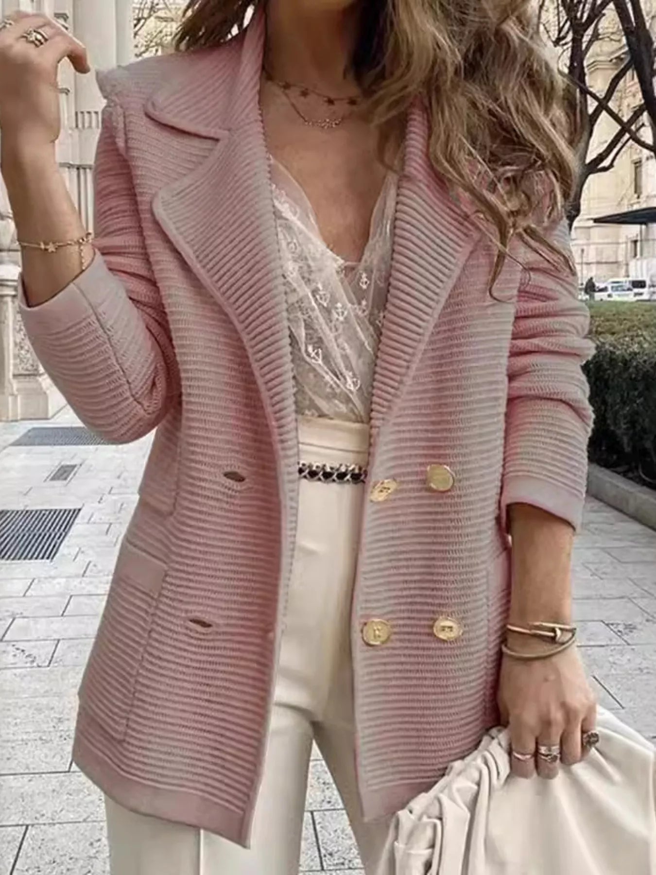 Women's Texture Knit Double-Breasted Blazer (S–2XL) - ShopNQlik
