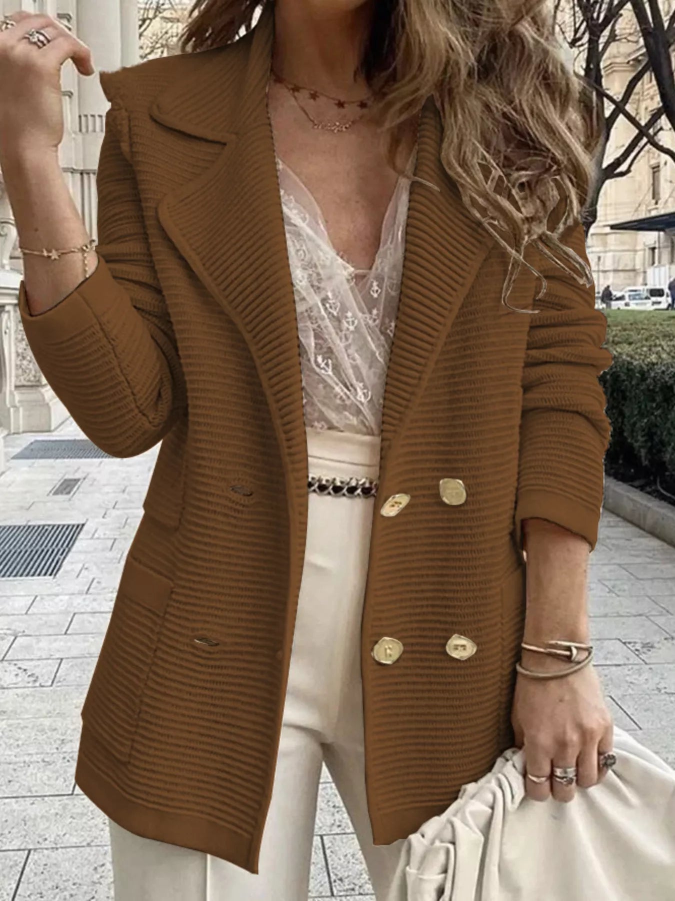 Women's Texture Knit Double-Breasted Blazer (S–2XL) - ShopNQlik